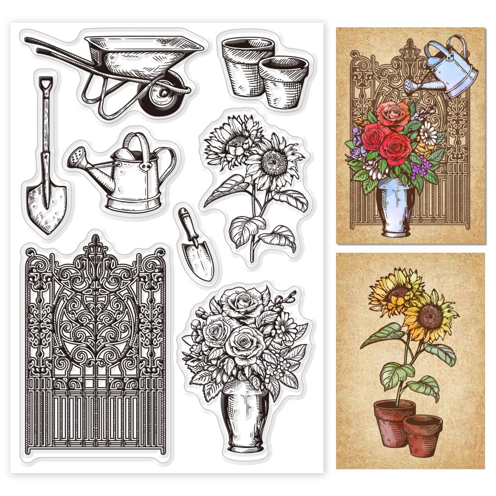GLOBLELANDGarden Potted and Tool Clear Stamps for Cards Making Sunflower Rose Clear Stamp Seals Transparent Stamps for DIY Scrapbooking Photo Album Journal Home Decoration