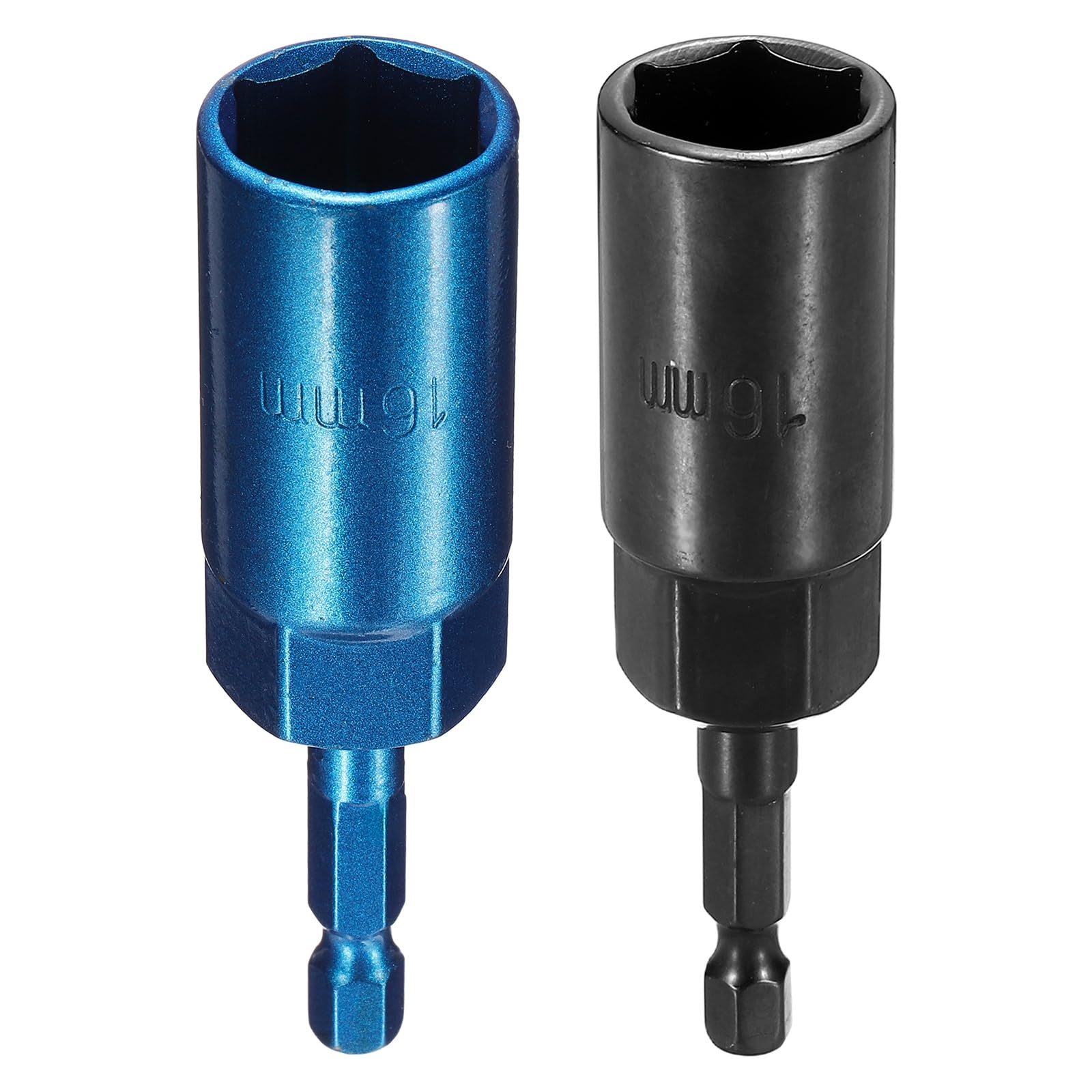 sourcing map 2pcs Nut Driver Drill Bit 16mm Metric Socket 1/4" Hex Shank 3.15" (80mm) Extra Long 6-Point Sockets Quick Change Cr-V Steel Bolt Setters for Power Drill Drivers, Black/Blue