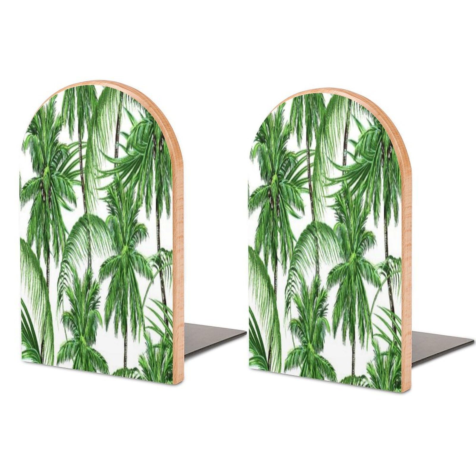 Palm Trees Tropical Leaves Beech Wood Bookends Heavy Duty Book Organizers Desktop File Holder for Office Home Bookshelf