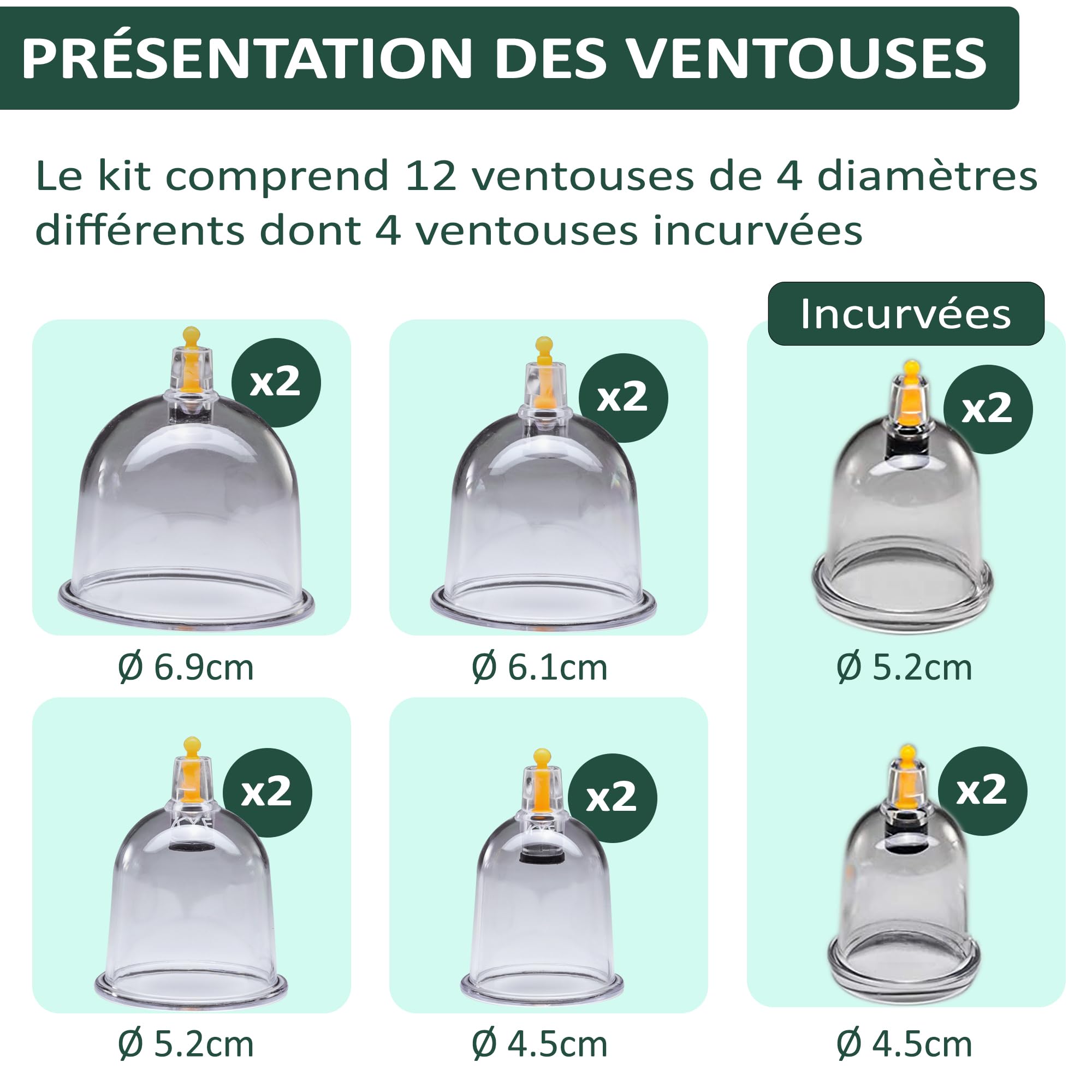 Uplife Kit de 12 Grandes Ventouses Chinoises Anti Cellulite à bord plat et incurvé + Corde Extension. Set d'Aspiration Cupping Hijama. Soulager Douleur Fatigue. Manuel d'instructions en Français