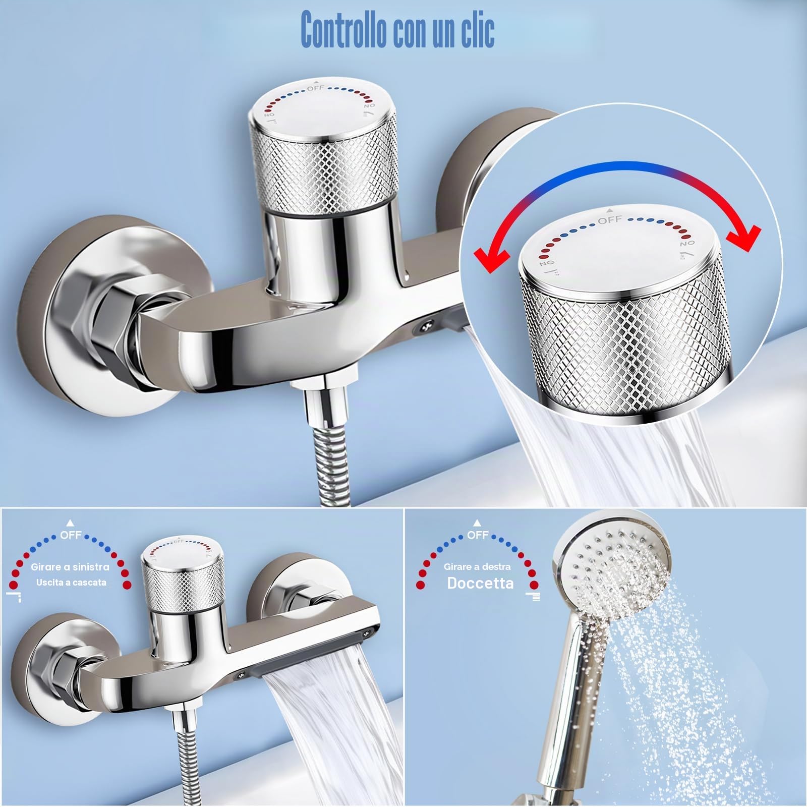 Rubinetto Vasca Doccia Termostatico a Parete, Bocca a Cascata Rubinetto per Doccia, Corpo in Ottone Cromato, Maniglia Regolabile, Standard G1/2 per Bagno Moderno