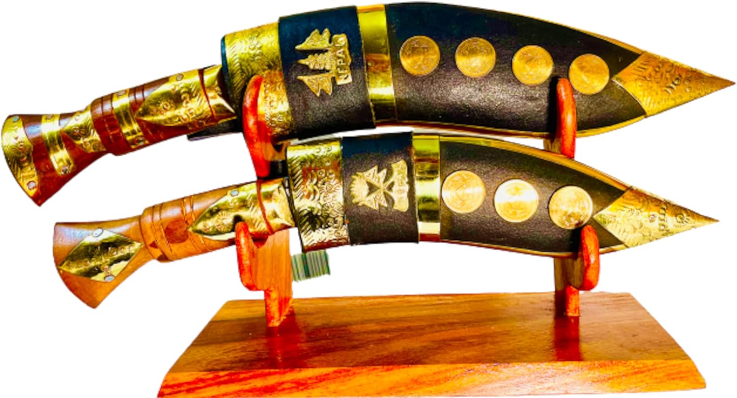 Gurkha Décor Kukri Knife 12 IN & 16 IN 2 Sets Khukuri With Wooden Stand Full Tang Decorative Kukri For Décor Gift & Home Decoration - Handmade In Nepal