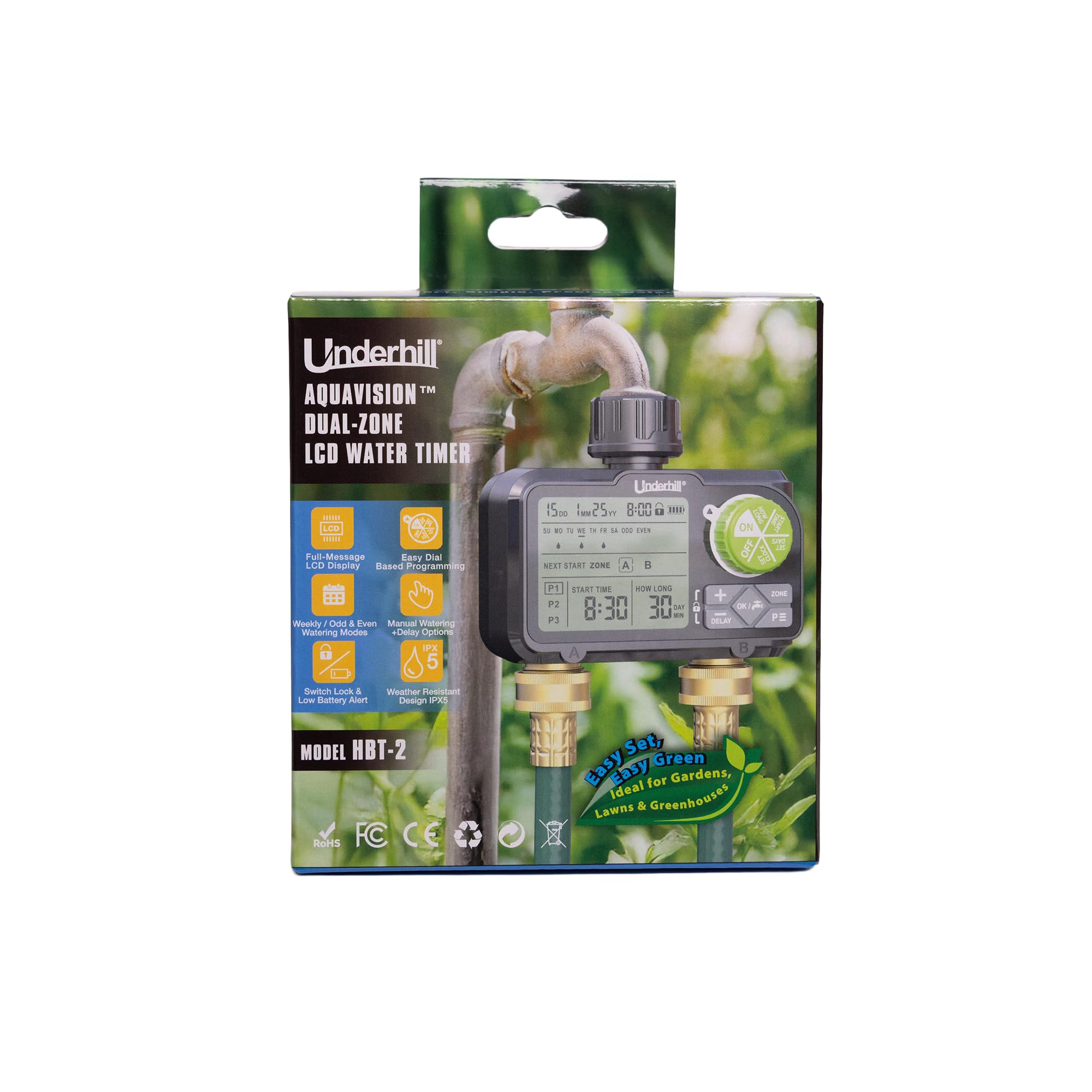 Underhill Aquavision - Timer digitale per irrigazione a zona singola o doppia, timer per irrigazione rubinetto esterno facile (timer digitale a doppia zona)
