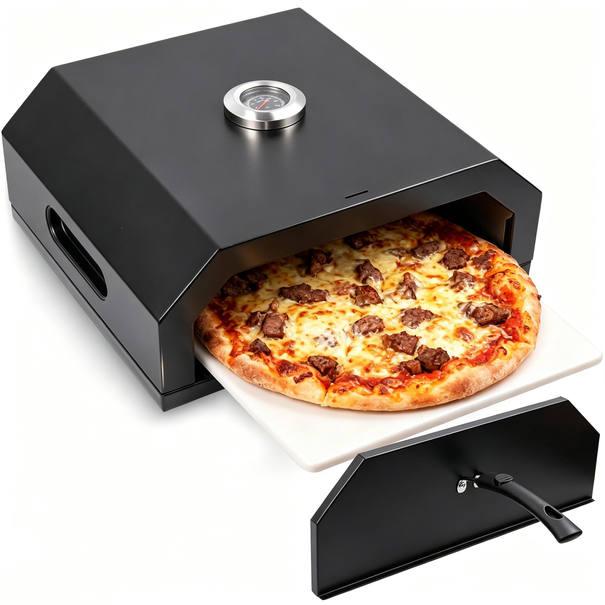 Pizzaofen für Grill: Blackstone Pizzaofen mit Stahlblech, Grilloberseite, Pizzagrill, integriertes Thermometer, geeignet für knusprige Hinterhof, hausgemachte Pizza