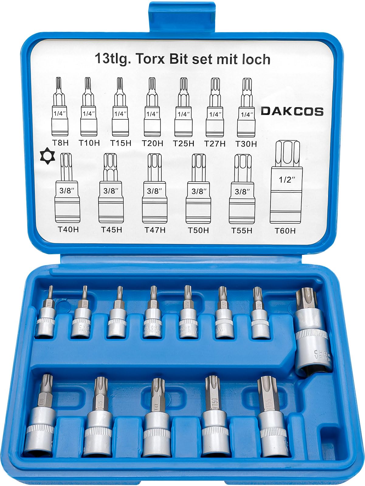 Dakcos 13Pcs Torx Bit Socket Set, T8h-T60h, 1/4", 3/8", 1/2", T-Profile With Hole, Cr-V Sockets And S2 Bit