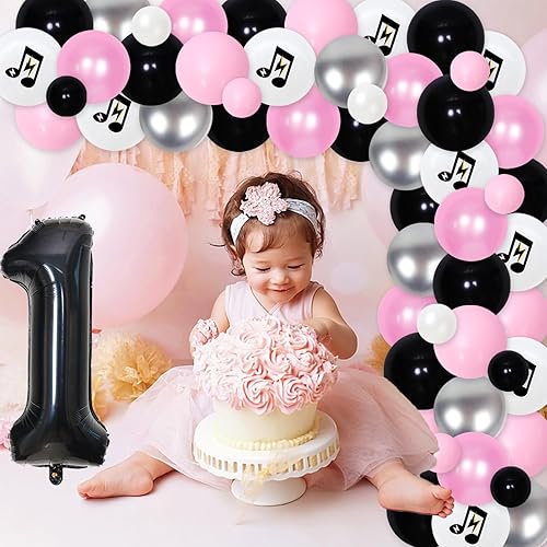 Miniatura 2 de 77 piezas de decoración de primer cumpleaños de Another One Bites the Dust para niñas con kit de arco de globos negros y rosados, pancarta de fondo