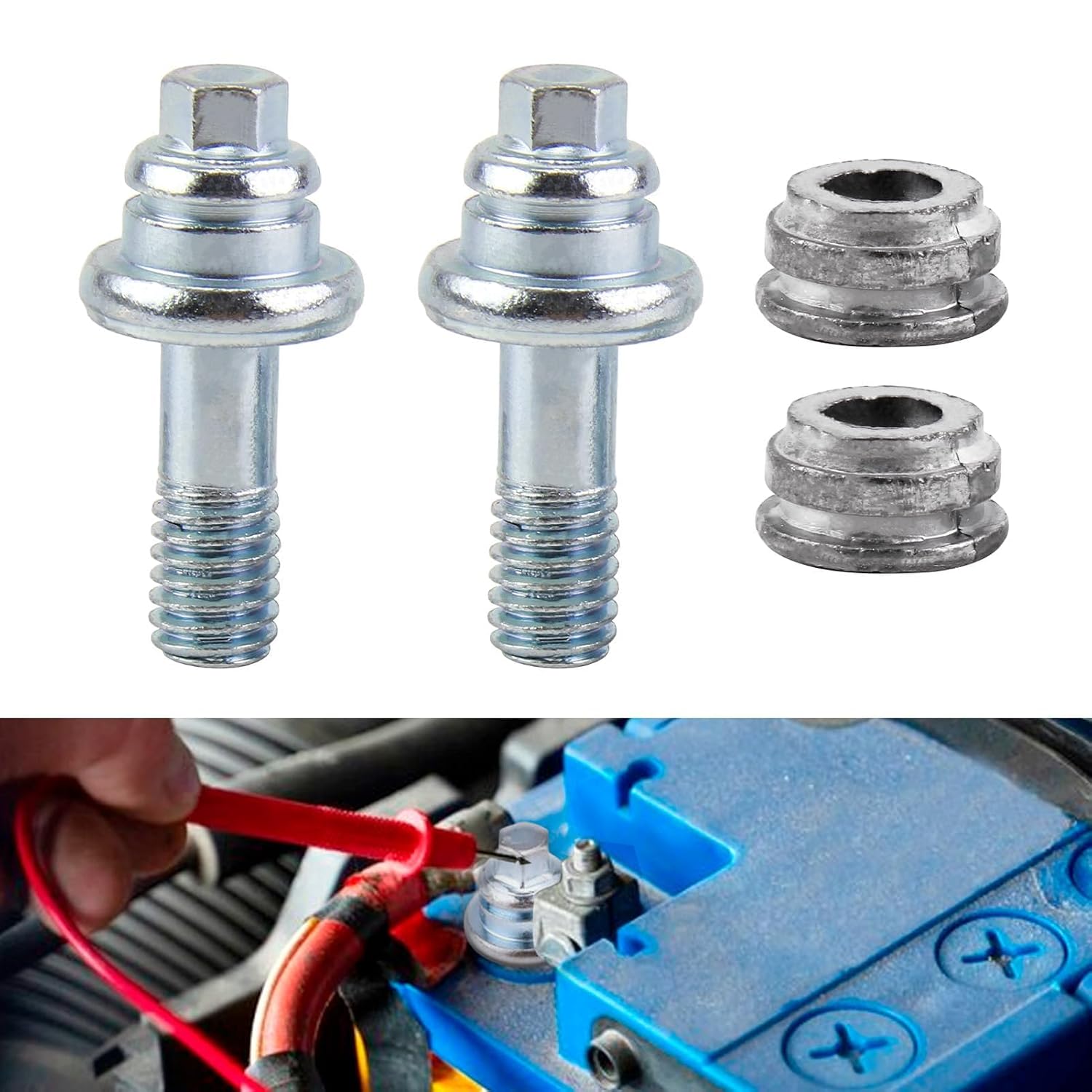 2Pcs Side Post Battery Terminal Bolts, 3/8" Standard Battery Post Extender Stud Compatible with GM Post Universal Fit Battery Terminal Stud Connector Replacement Kit (Long + Spacer)