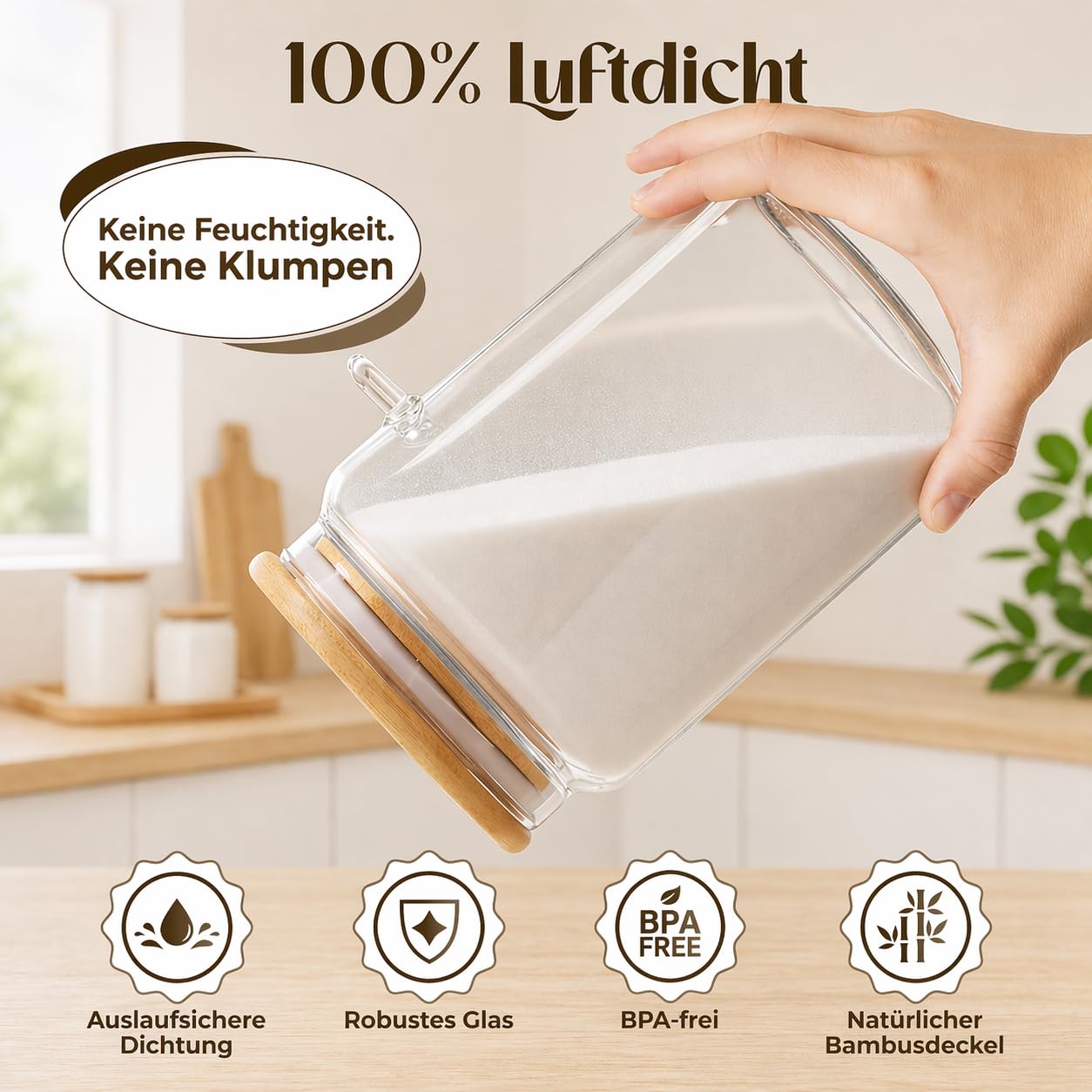 Kraftglas Whey Proteinpulver Aufbewahrung – Luftdichtes Vorratsglas 2300ml aus Borosilikatglas BPA-frei mit Deckel, Löffel, Untersetzer & Trichter – ideal für Protein & Supplements Küche, Haushalt & Wohnen