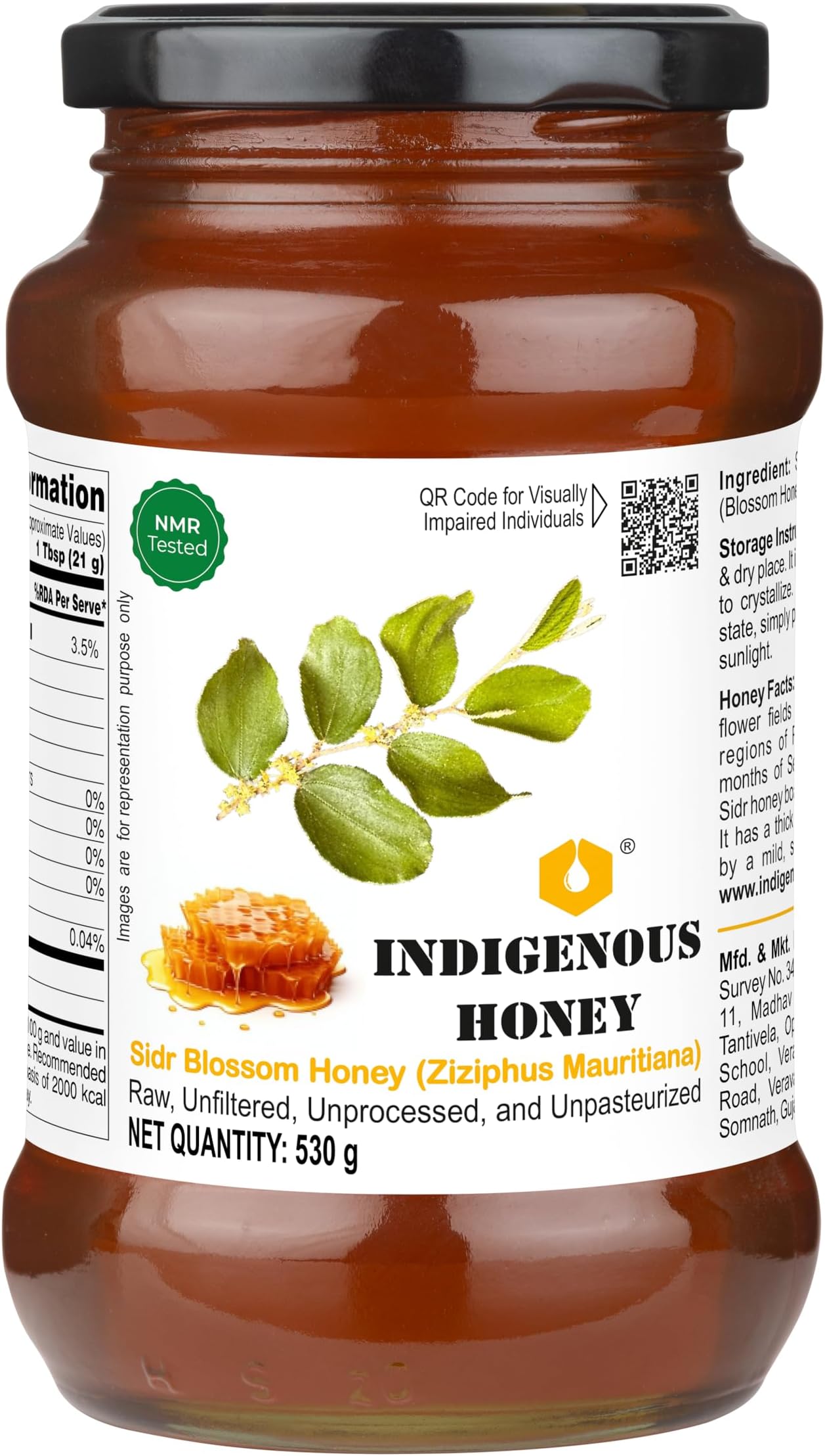 Sidr Ber Jujube Honey Raw Organic Natural Pure Unprocessed NMR Tested Unpasteurized Unheated 530g Glass Jar Pack of 1