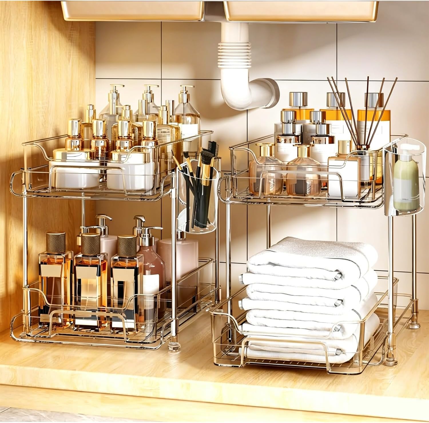 – Yoawllty Under Sink Organizer,2 Tier Bathroom Cabinet Organizer,Clear Organizers storage with Dividers and Cups,Multi-Purpose Slide-Out Storage Container for Cabinet,Fridge,Kitchen,Makeup(2Packs)