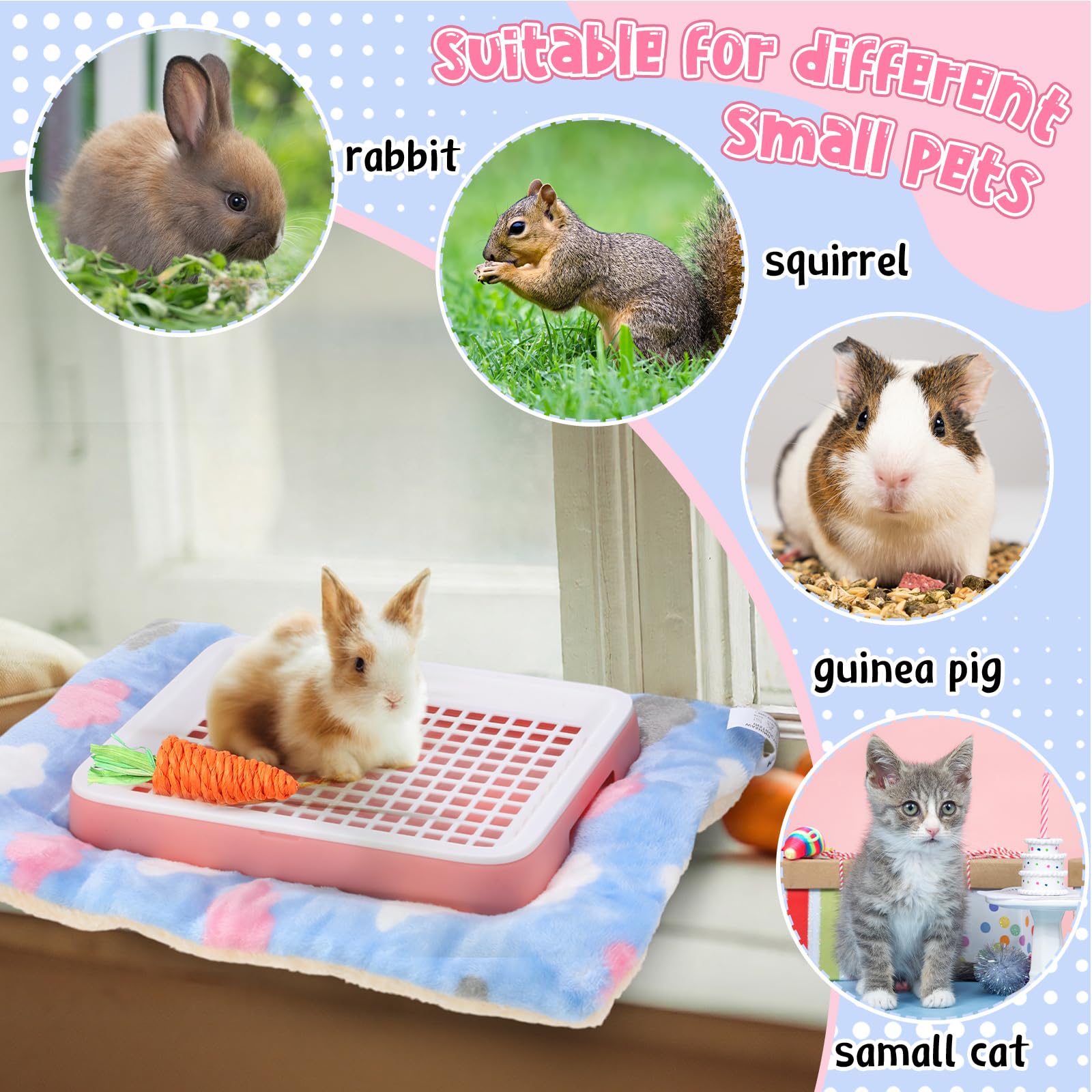 19 Pcs Rabbit Starter Kit Small Bunny Litter Box Rabbit Grooming Kit Water Bottle Bunny Toys Hay Feeder Bowl Blankets with Cleaning Set for Guinea Pig Accessories (Pink-White,Strawberry Bear) - image 4