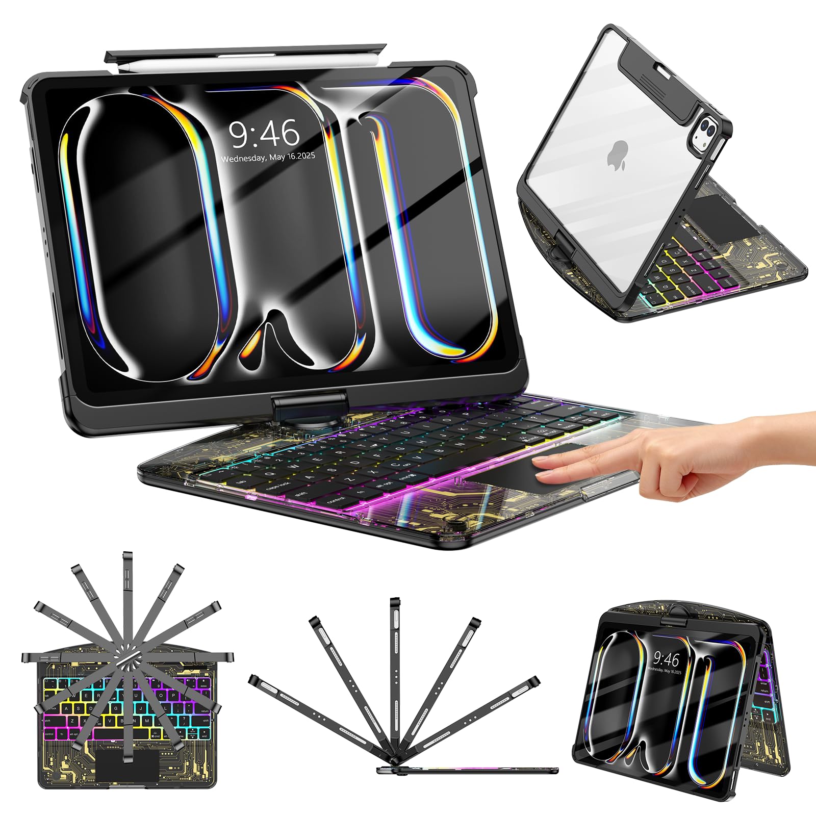 TSQQST Clear Wireless Keyboard Case for iPad Pro 11 Inch (M5/M4) 2025/2024 with Pencil Holder & Multi-Touch Trackpad, Visible PCB, 3-Brightness & 7-