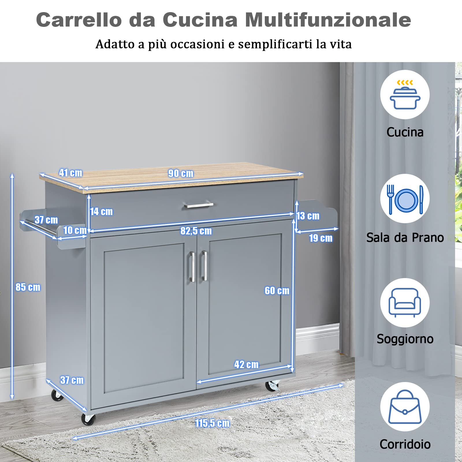GYMAX Carrello Portata da Cucina, Armadietto a 2 Livelli, Ripiano Interno Regolabile, Credenze Mobili con Ruote, Ante Doppio, Cassetto, Portaposate, Portasciugamani, 116x40x85 cm, 5 Colori