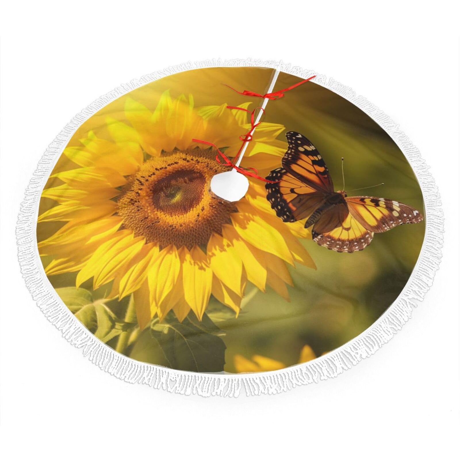 Sunflower Butterfly Sunny Christmas Tree Skirt 48", Soft Plush Xmas Tree Carpet with Tassel Christmas Ornaments Winter Holiday Tree Mat Decoration for Home Party Supplies