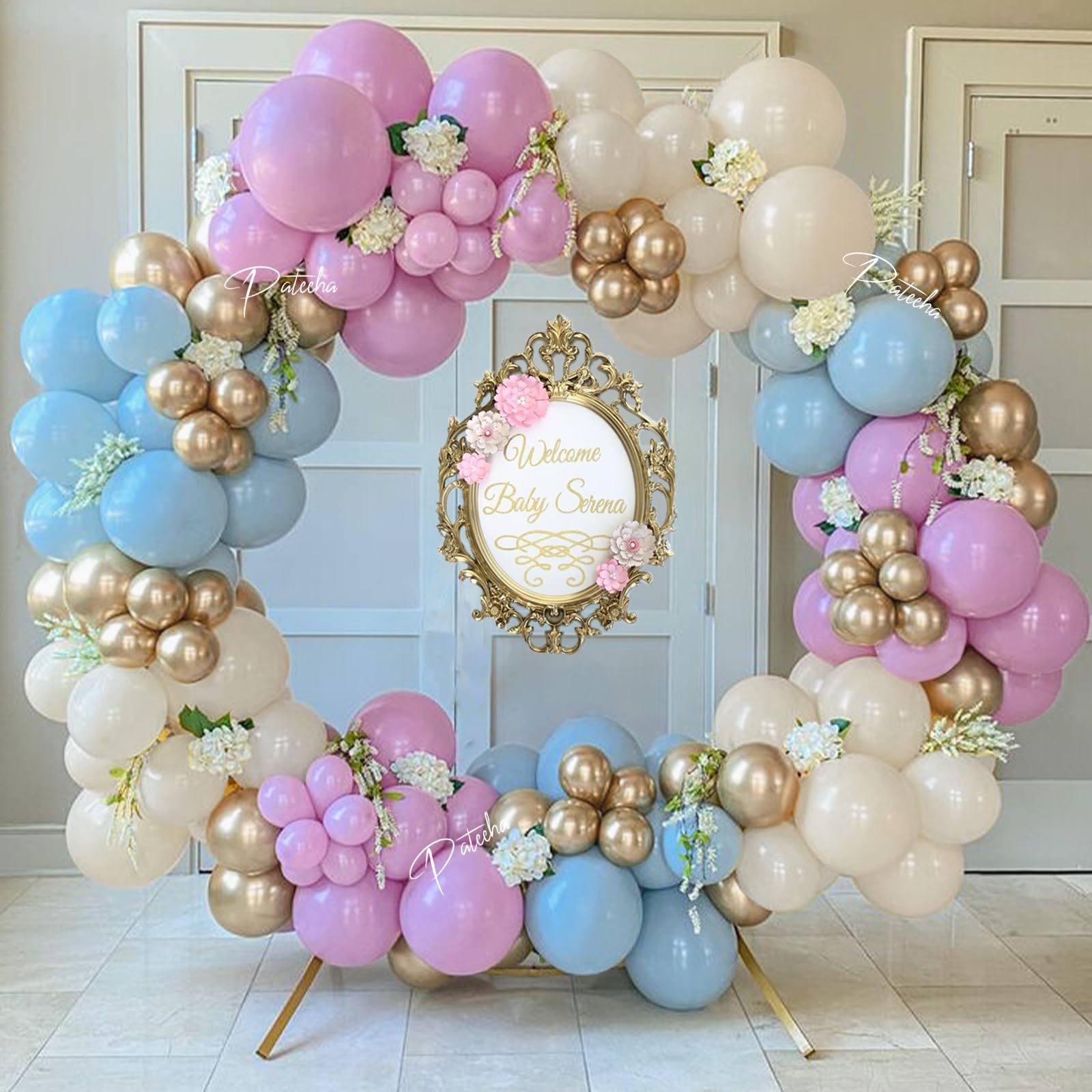 Pateeha Gender Reveal - Kit per arco di palloncini da 3,5 m, metallizzati, rosa champagne e blu, per decorazioni di sesso, baby shower, feste di compleanno