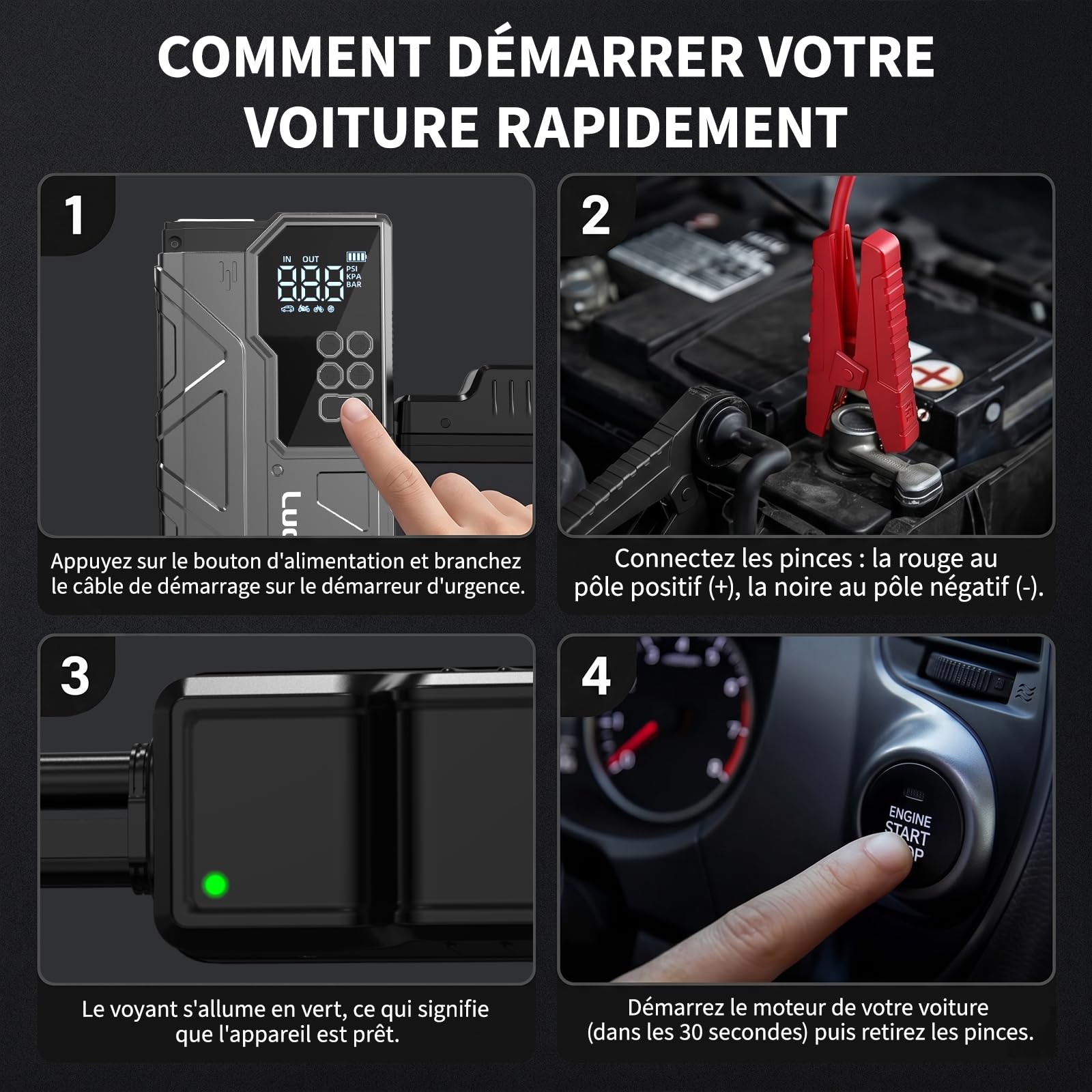 LUCKLIKE W210 Booster Batterie Voiture avec Compresseur, Démarreur Batterie Voiture, 150PSI Gonfleur, 12V Jump Starter Tout Gaz ou 10L Diesel, Écran LCD, Eclairage de Secours, Banque d'alimentation
