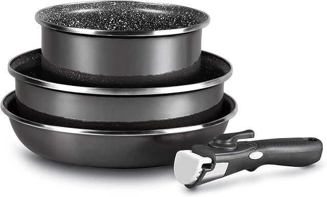 Magefesa K2 Glass Induction Kitchen Set with Removable Handle, Saucepan Set 20 cm, Frying Pan 28 cm and Lunch Box 26 cm, Non-Stick Stone, PFOA-, Gas, Enamelled Steel