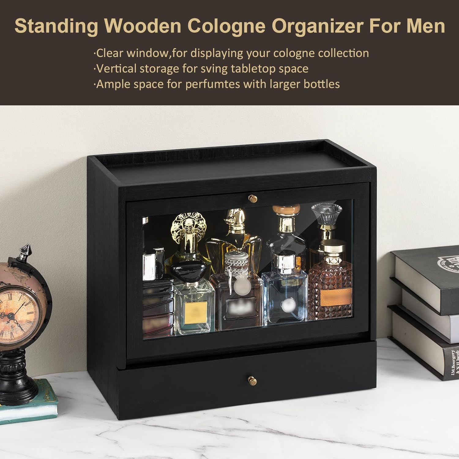 Cologne Organizer for Men, Solid Wood Perfumes Organizer for Men Dresser, Large Capacity Dustproof Cologne Holder with Drawer Storage Perfume Stand Organizer, Ideal Gift for Loved ones