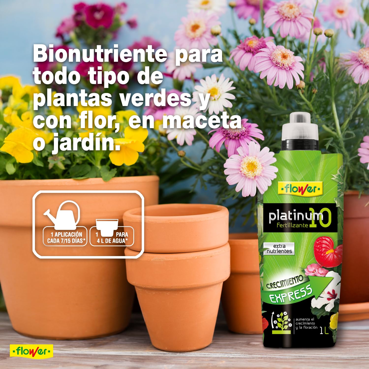 Flower - Fertilizante Líquido Platinum 10-1L | Bionutriente NPK 10-7-9 | Mejora Crecimiento y Desarrollo | Nutrición para Todo Tipo de Plantas | Crecimiento Express