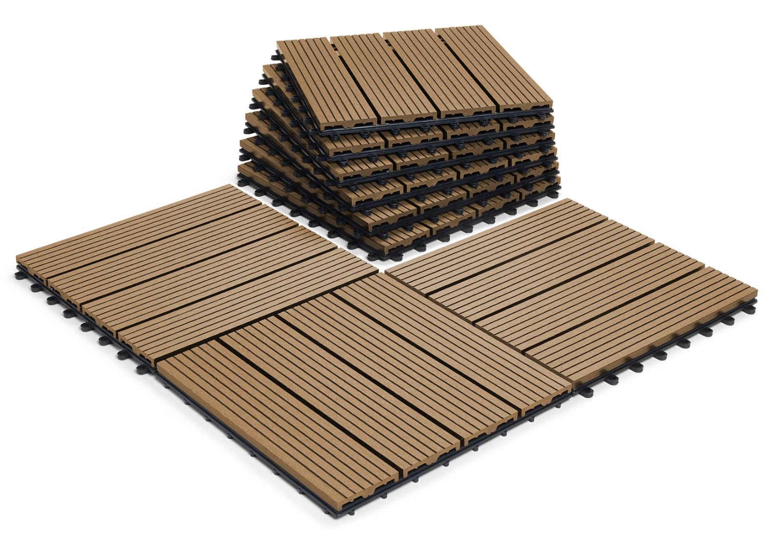 CLICK-DECK Composite Decking Tiles 30x30cm Interlocking Outdoor Deck Tiles | Patio, Balcony, Roof Terrace & Hot Tub | Easy Tool-Free Installation | Low Maintenance, Weather-Resistant (18 Tiles, Teak)