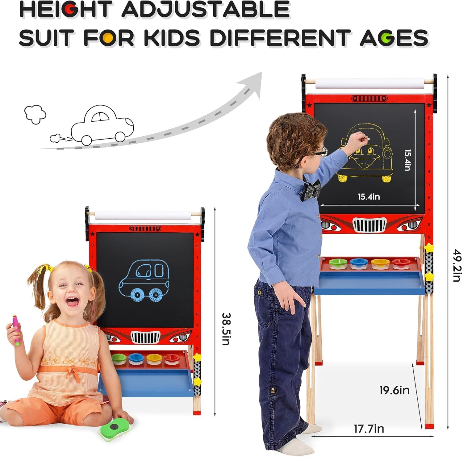 Caballete de madera plegable para niños 3 en 1 con rollo de papel, altura ajustable para niños, fácil con rollo de papel, pizarra blanca y tabla de calcio