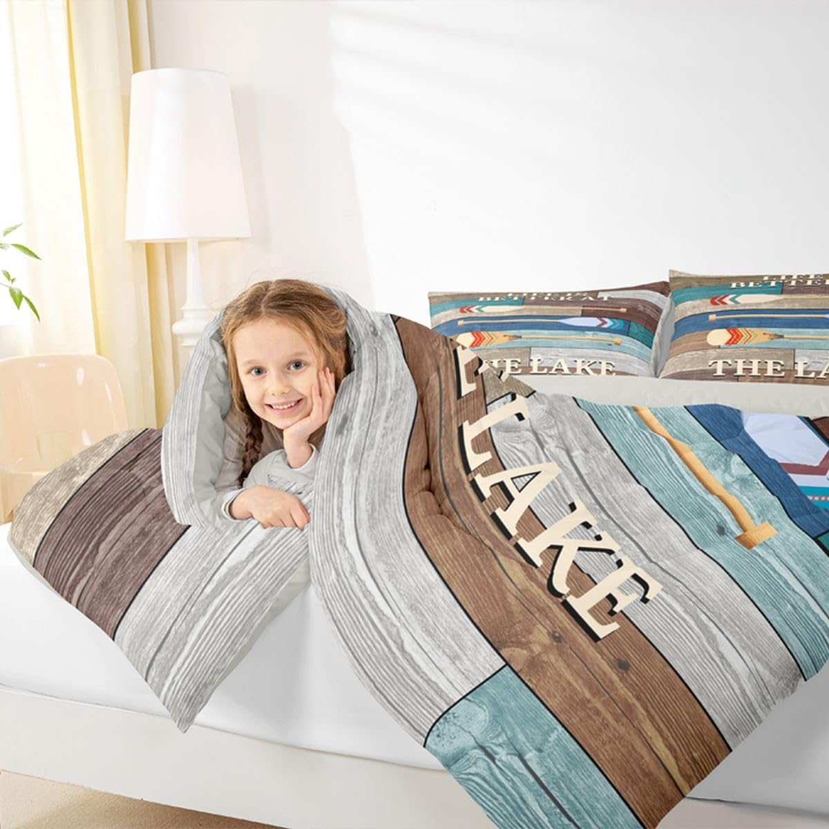 Rustic Lake Cabin Bedding Set King Size, Lake Paddle Decor Comforter Set Country Camping Quilt Camp Rv Decor Vintage Wooden Barn Door Farmhouse Down Comforter Colorful, Lake House Decor For The Home