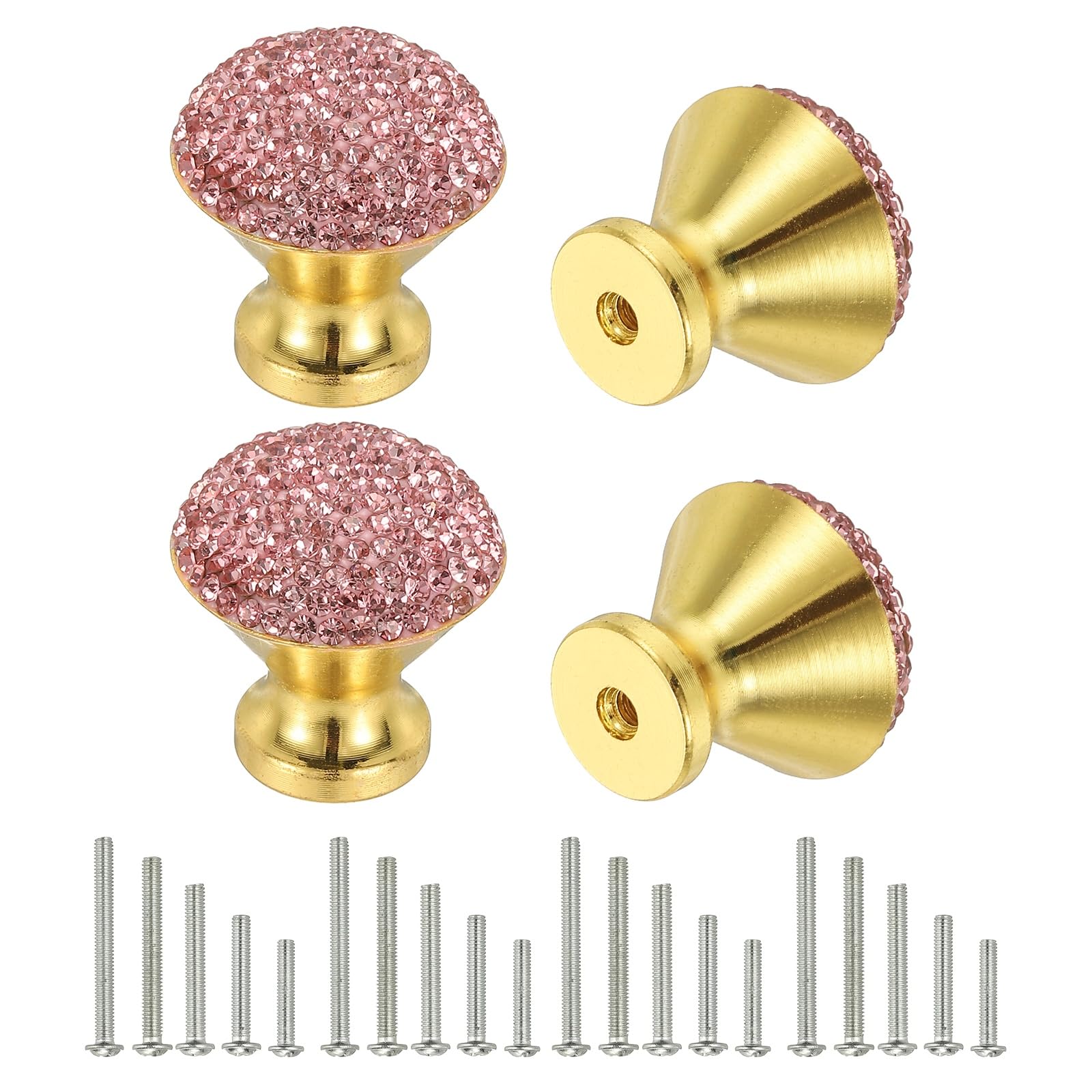 sourcing map Drawer Knobs,4Pcs 1.1 Inch (28mm) Diameter Bling Diamond Decoration Cabinet Knob, Round Rhinestones Pull Handle with Screws for Home, Office, Kitchen (Gold Base + Pink Diamond)