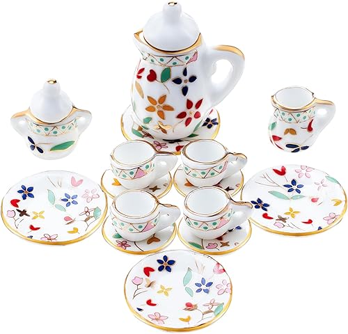 Miniatura 9 de Sumind Juego de tazas de té de porcelana en miniatura, 15 piezas, juego de porcelana en miniatura, diseño de flores, tetera, tazas, platos,