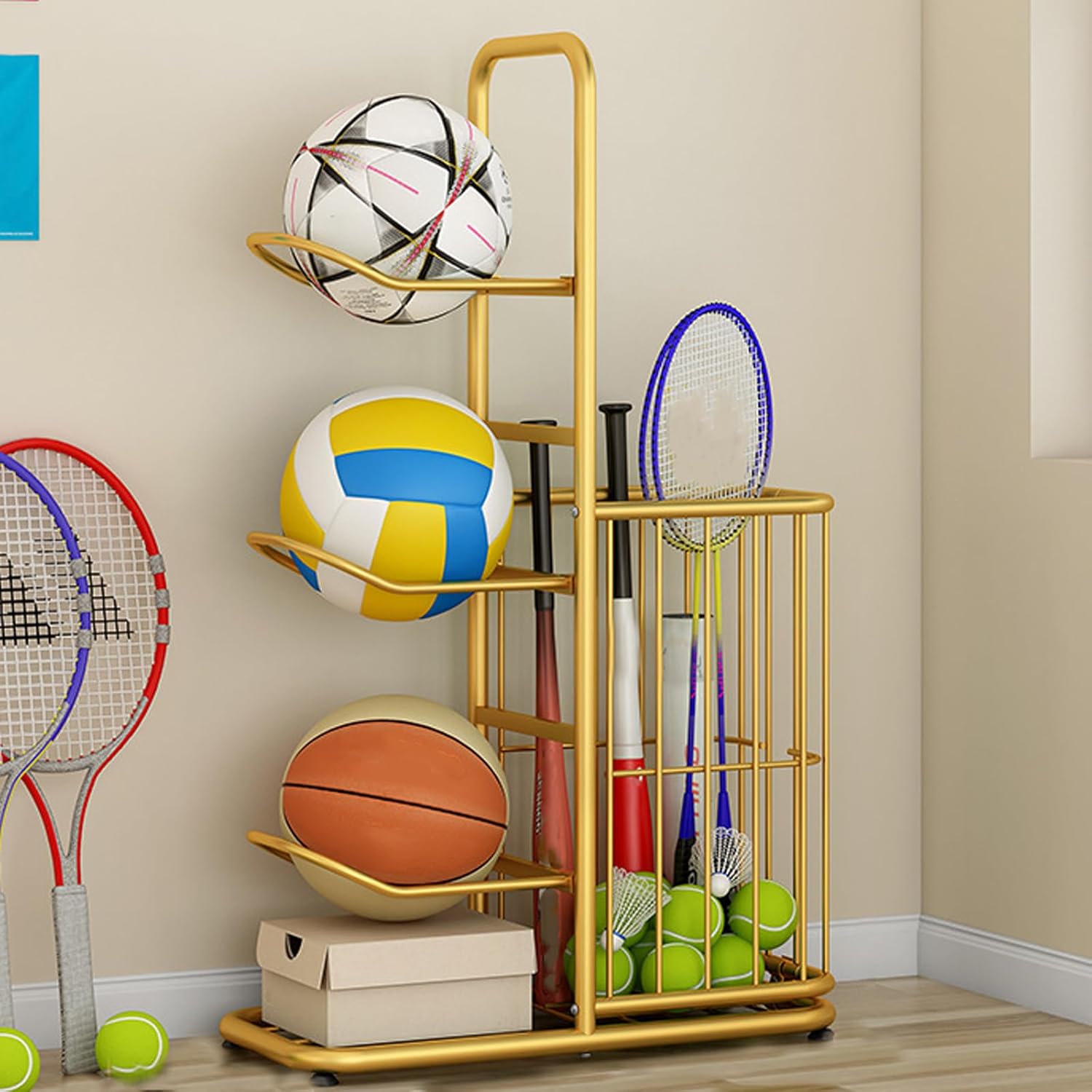 Holder Durable Outdoor Ball Storage Removable Ball Rack Heavy-Duty Vertical Balls nizer for Footballs and Sports Equipment(Gold,58 * 23.5 * 86cm)