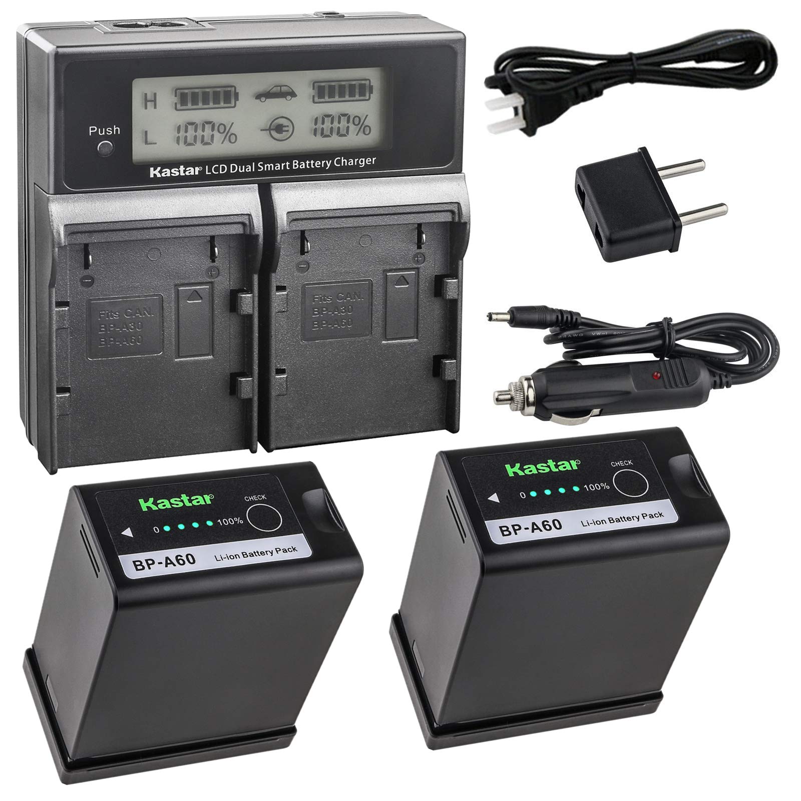 Kastar 2 Fully Decoded Battery + LCD Fast Charger for Canon BP-A30 BP-A60 BP-A90 Battery, CG-A10 CG-A20 Charger, Canon EOS C200, EOS C200B, EOS C220B,