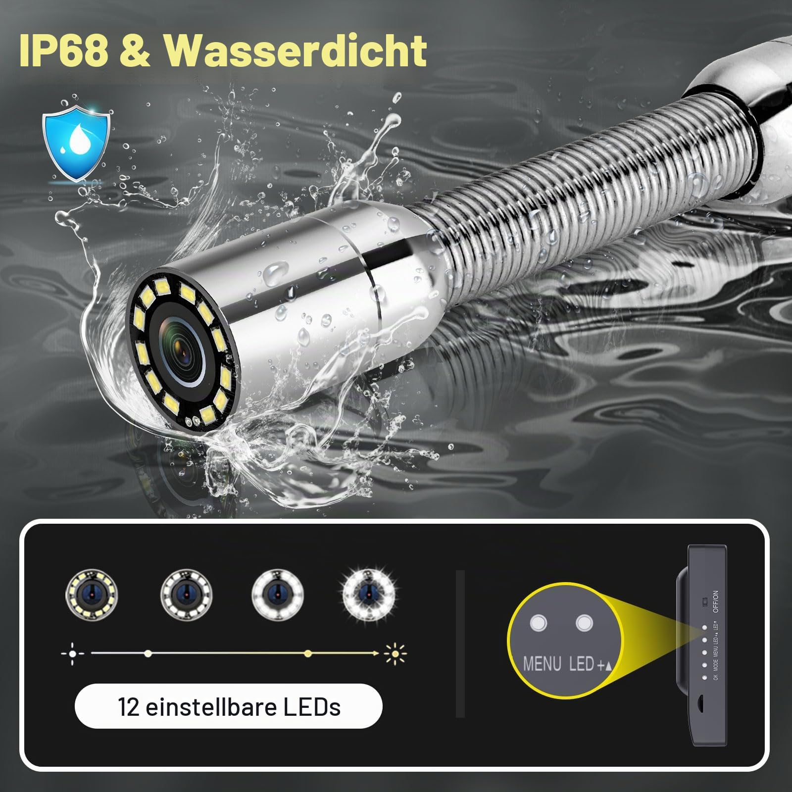 4.3'' Kanalkamera mit Licht, 22mm Kanalinspektionskamera mit DVR, Rohrkamera wasserdichte IP68 Endoskopkamera mit 12pcs LED-Leuchten, 5600mAh Akku, 16 GB TF-Karte