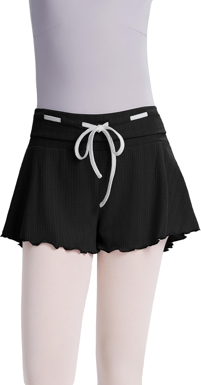 QLM Women's Ballet Shorts Adult Fold-Over Ribbed Color-Block Tie Dance Shorts for Training