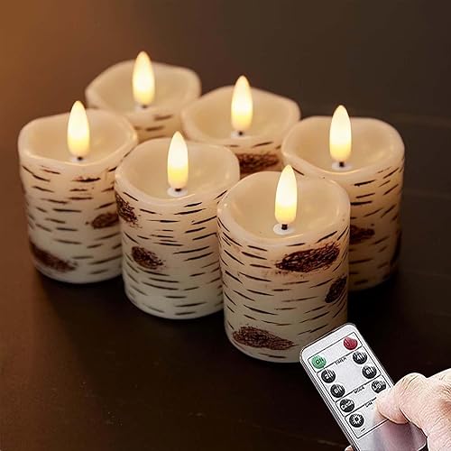 Velas LED sin llama, con temporizador remoto de corteza de abedul, funciona con pilas, parpadeantes de mecha 3D, paquete de 6 velas votivas de cera