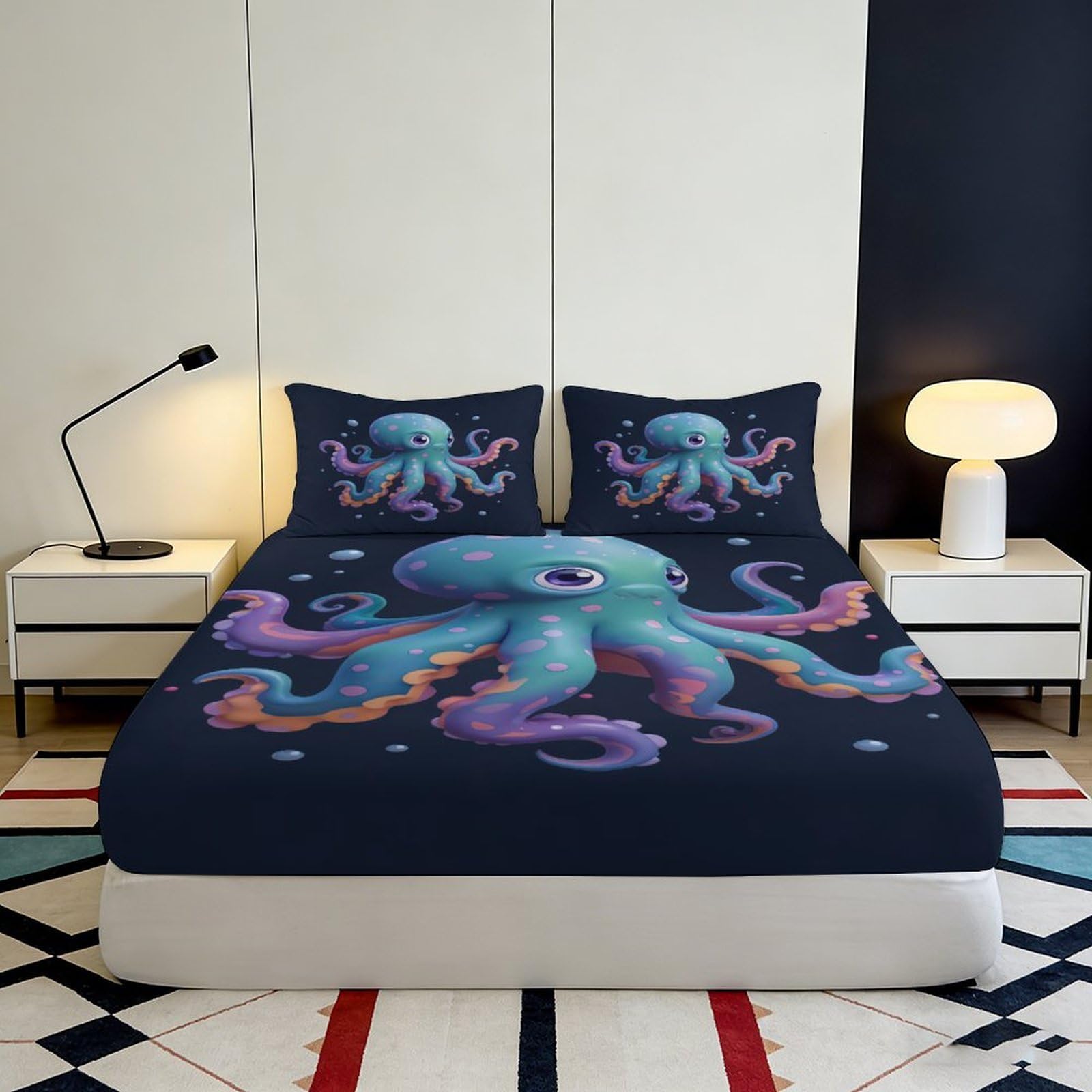 3D Druck Ozean Krake Spannbettlaken Mikrofaser Tiefes Taschen Schlafzimmer Bettwäsche Krake Matratzenschutz Spannbezug rutschfest Waschbar 200x200x25cm
