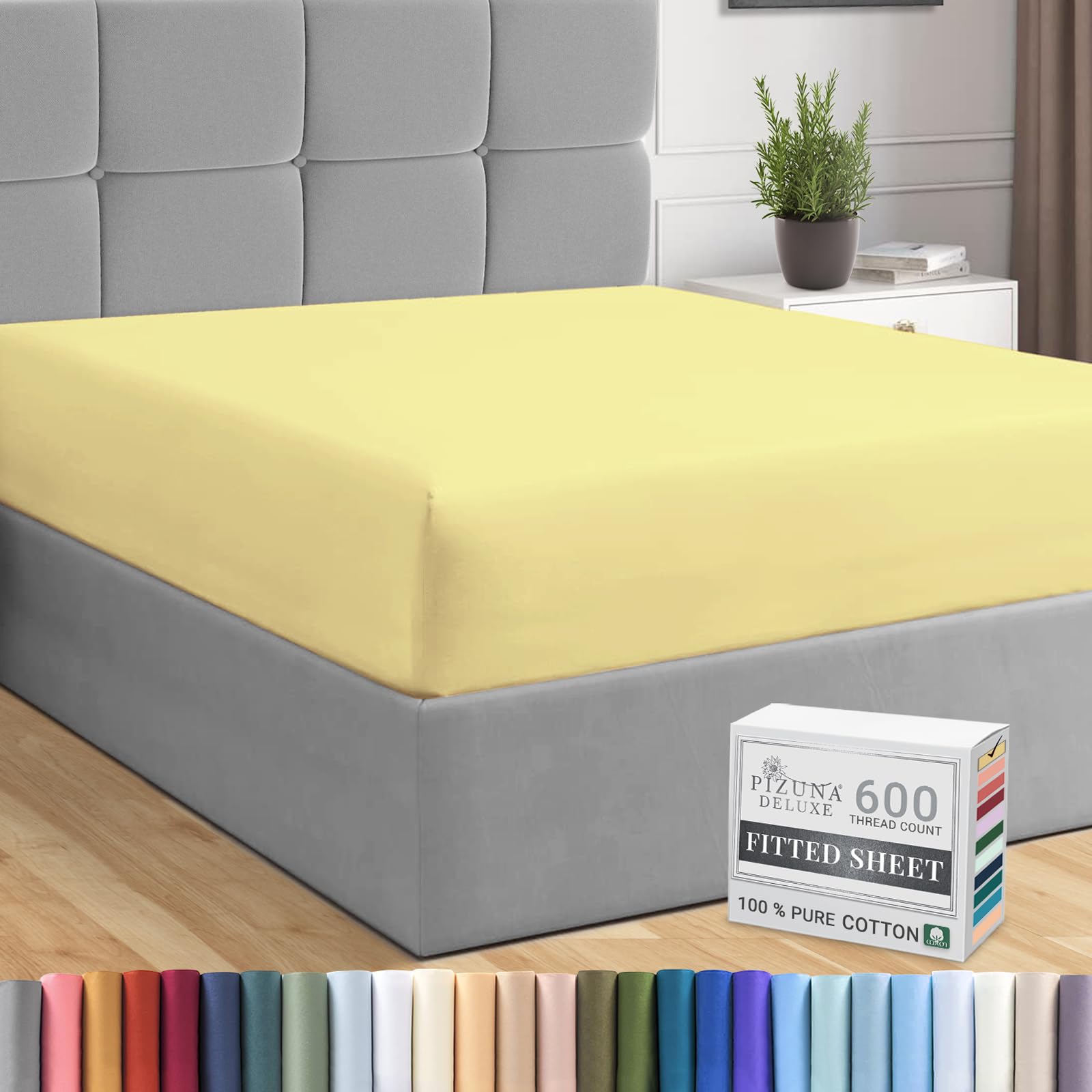 Pizuna Mellow Yellow Pure Combed Cotton Fitted Sheets Double 600 Thread Count 100% Long Staple Cotton Fitted Bed Sheets Double 140X200 Cm, Sateen Weave 40 Cm Deep Fitted Sheets 1 Pc