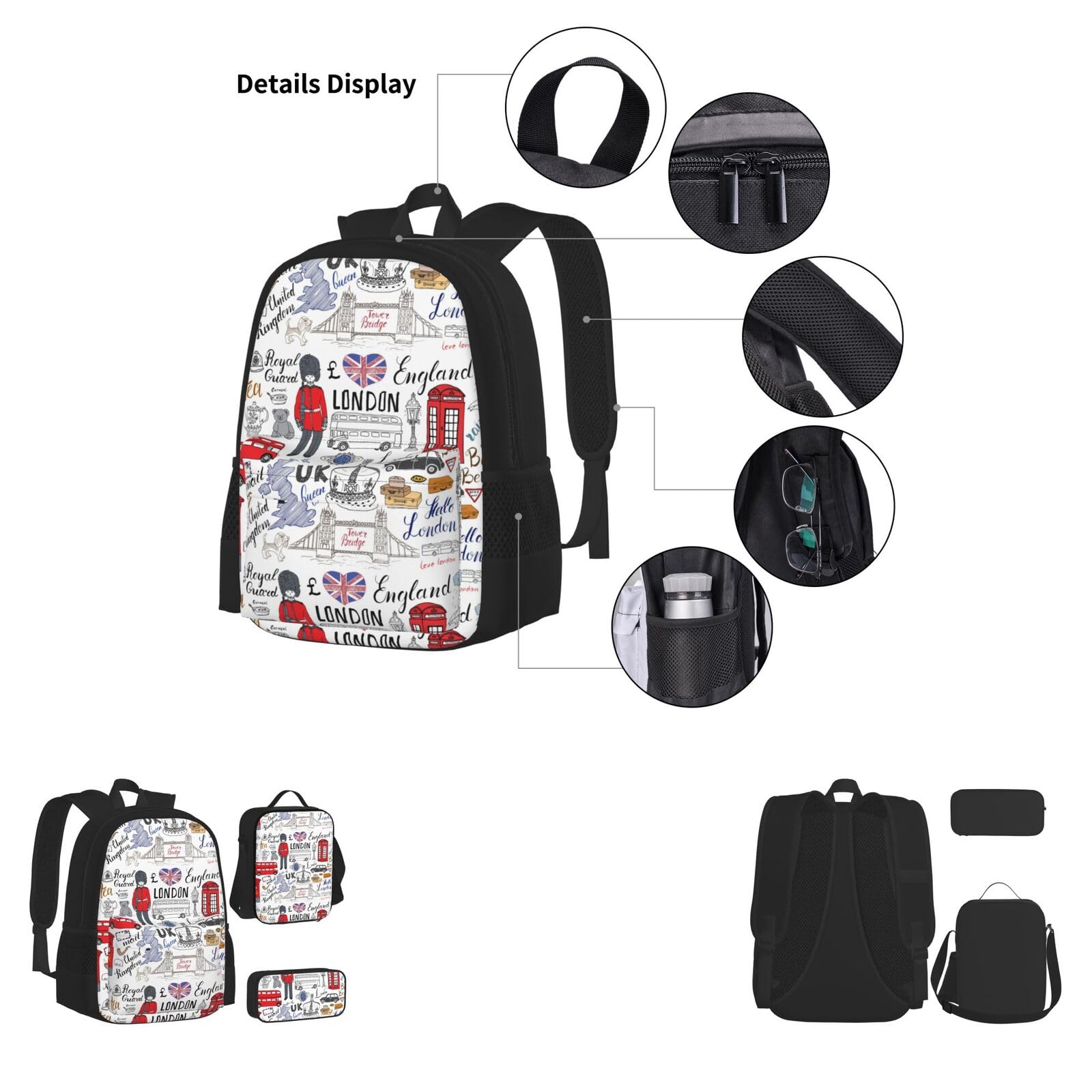 I Love London 3-in-1 Schultaschen-Set aus Segeltuch, Rucksack, Lunchtasche, Federmäppchen, Combo für Männer und Frauen