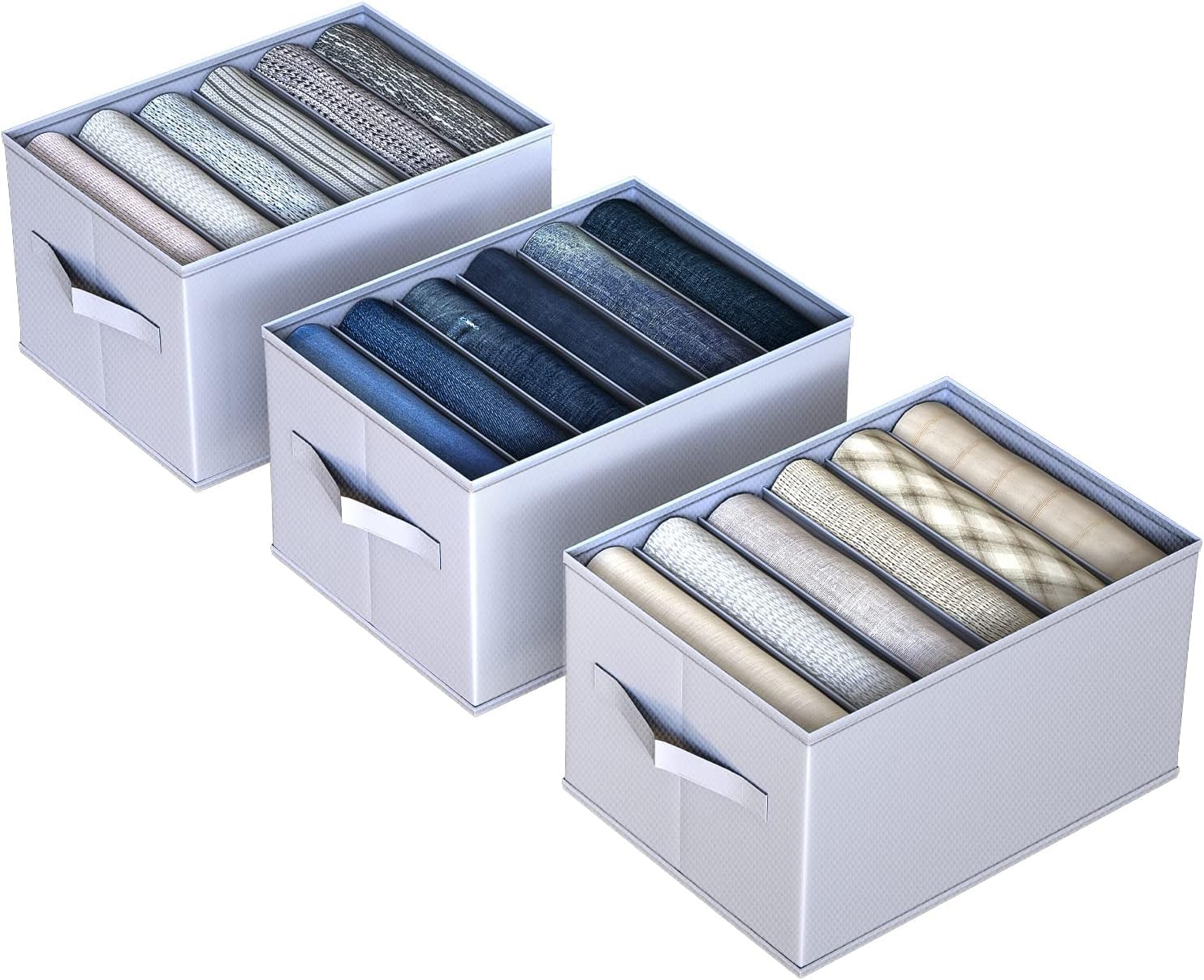 Organizer Per Jeans E Vestiti MORELX – Confezione Da 2, 5 Scomparti Larghi 7,5cm. In Tessuto Oxford Rigido Con Inserti In PP. Ideale Per Cassetti E Armadi. Dimensioni: 36x30x20 Cm.