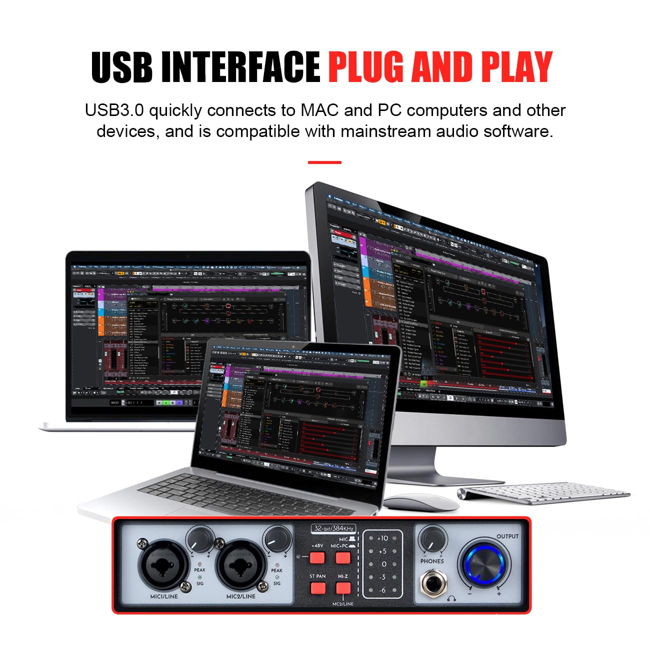 Interfaz de audio USB 2 en 2 salidas, 32 bits/384 kHz DSP, grabación de tarjeta de sonido, mezclador de audio, interfaz de audio para estudio en casa, puede conectar un micrófono de