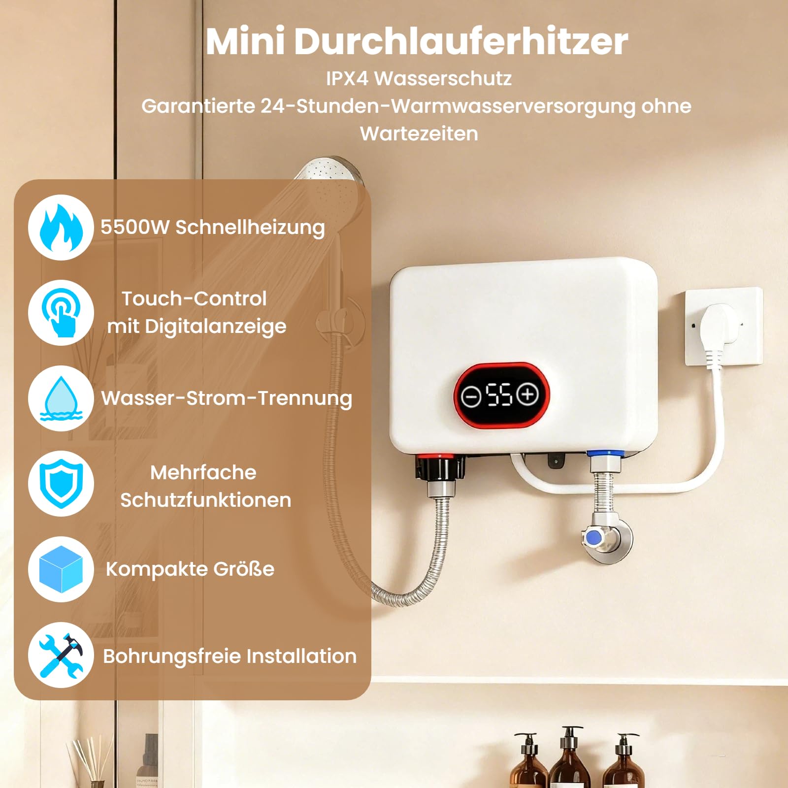 Mini Durchlauferhitzer, 3500-5500W 220V Elektrische Warmwasserbereiter IPX4 Schutz mit LED-Temperaturanzeige, Plug-and-Play Heißwasser für Dusche, Küche, Bad