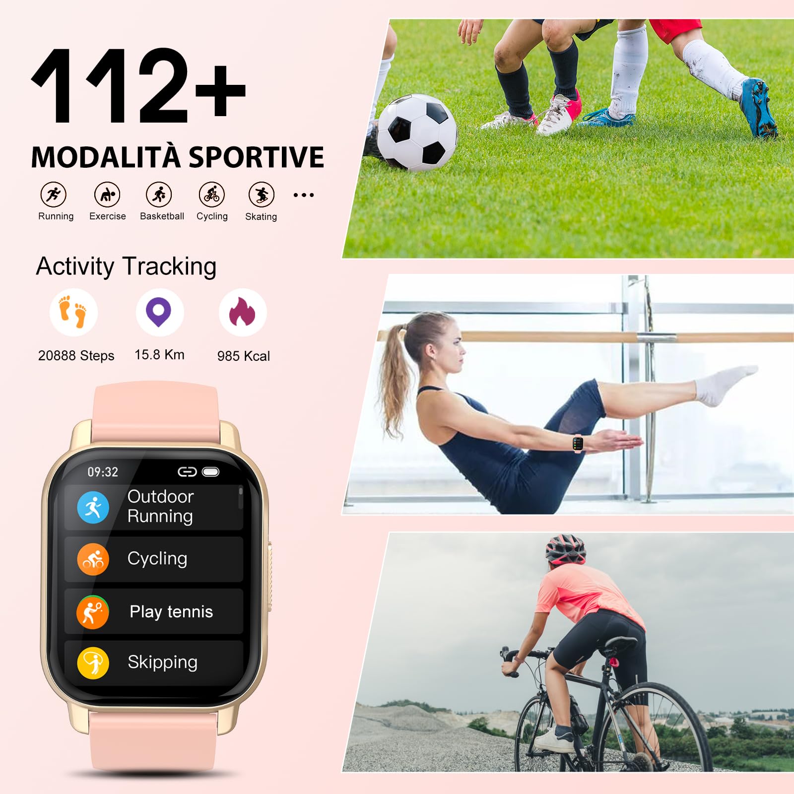 Smartwatch Uomo Donna, Effettua e Risposta Chiamate,1.85" Orologio Smartwatch con SpO2 Cardiofrequenzimetro Contapassi, 112+Modalità Sportive Fitness Tracker, Impermeabile IP68 Smart watch, Oro Rosa