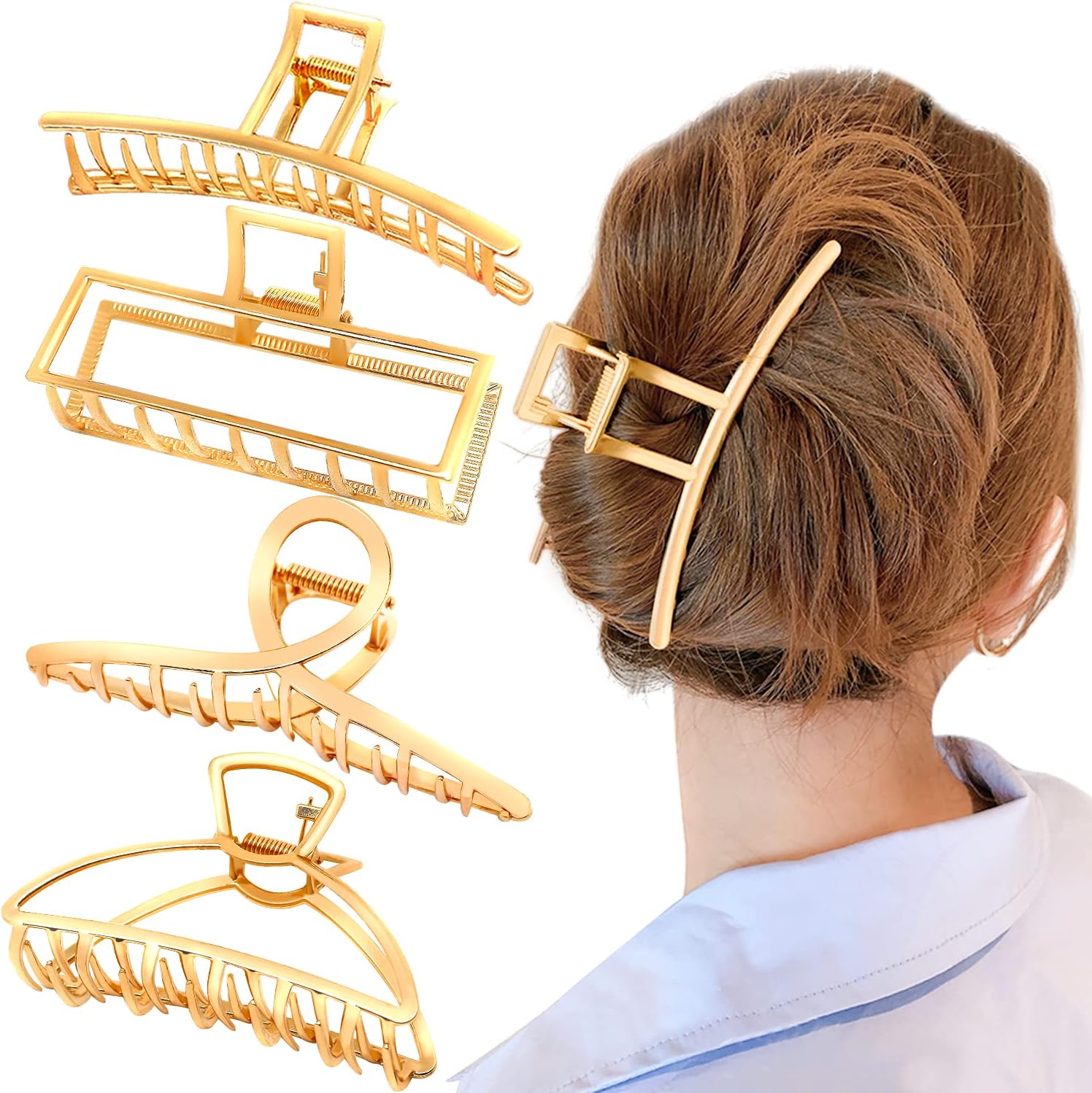 AIBEE Large Hair Clips for Thick Hair, 4pcs Large Metal Hair Claw Clips Nonslip Big Gold Hair Clamps Claw Hair Clips for Women and Girls Thin Hair Strong Hold Hair Clips for Thick Hair