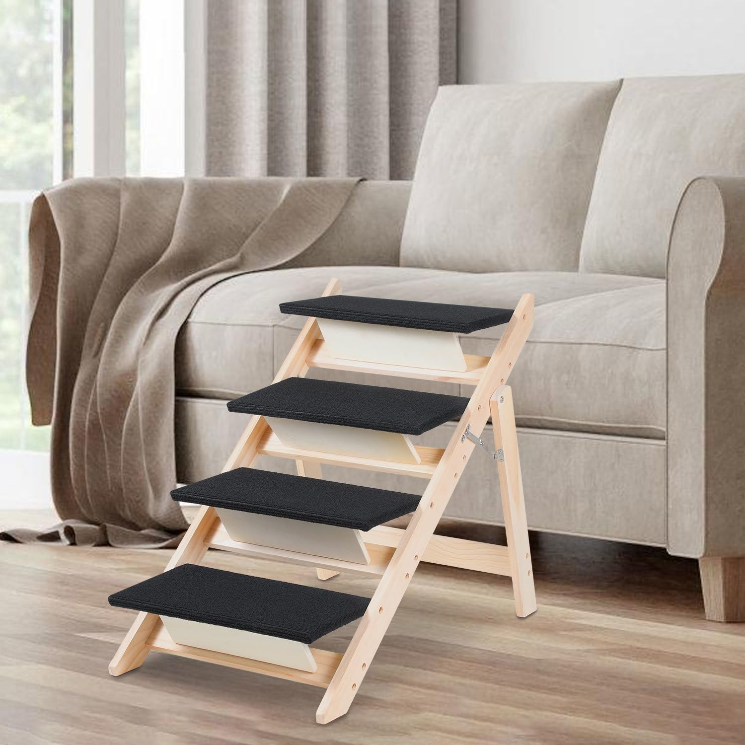 Scala per Cani a 4 Gradini,Rampa 2-in-1 Pieghevole in Legno,Antiscivolo con Pendenza Dolce,Scala per Animali Domestici per Letto,Divano e Auto,Stabile e Portata Fino a 80 Kg