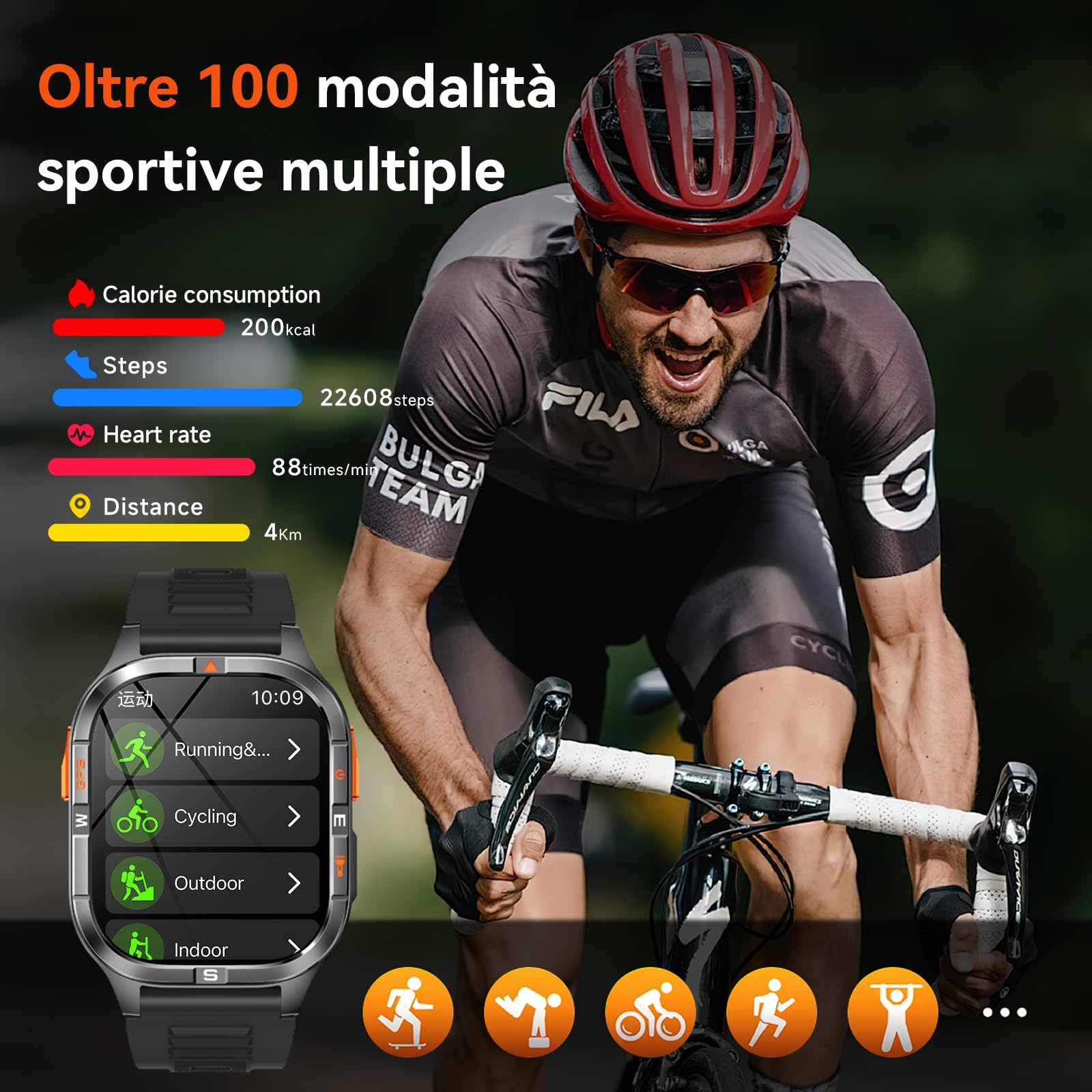 Orologio intelligente GPS militare con bussola/altezza/torcia, 2,01 pollici con schermo HD, assistente vocale/chiamate Bluetooth, per Android e iOS, diverse modalità di movimento (Nero)
