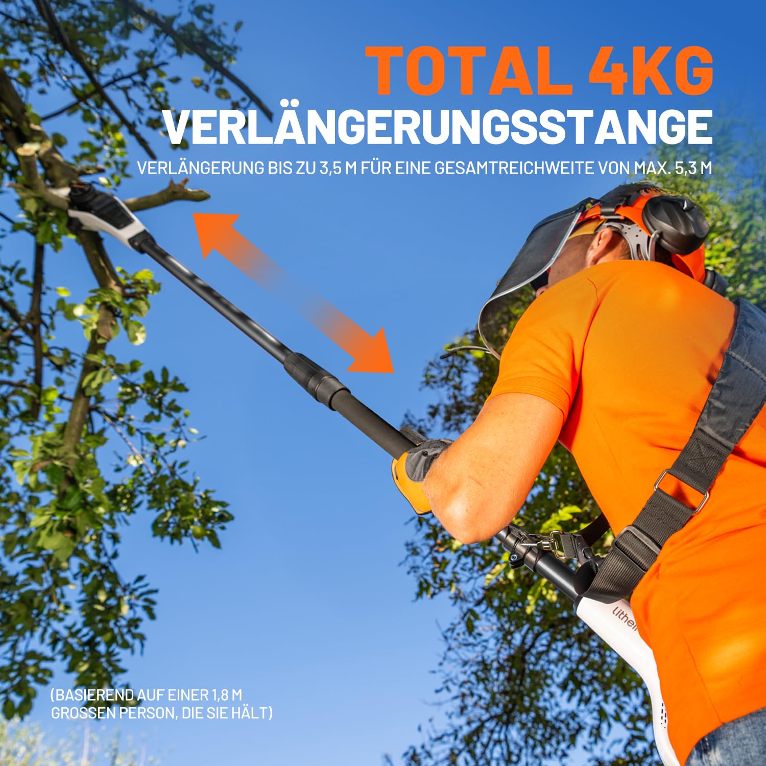 Litheli Hochentaster Akku, Astsäge Teleskop Akku zum Schneiden und Beschneiden von Ästen (2 x 2,0Ah, 8 m/s Kettengeschwindigkeit, 20 cm Schwertlänge, 140 ml autom. Kettenschmierung, Zubehör)