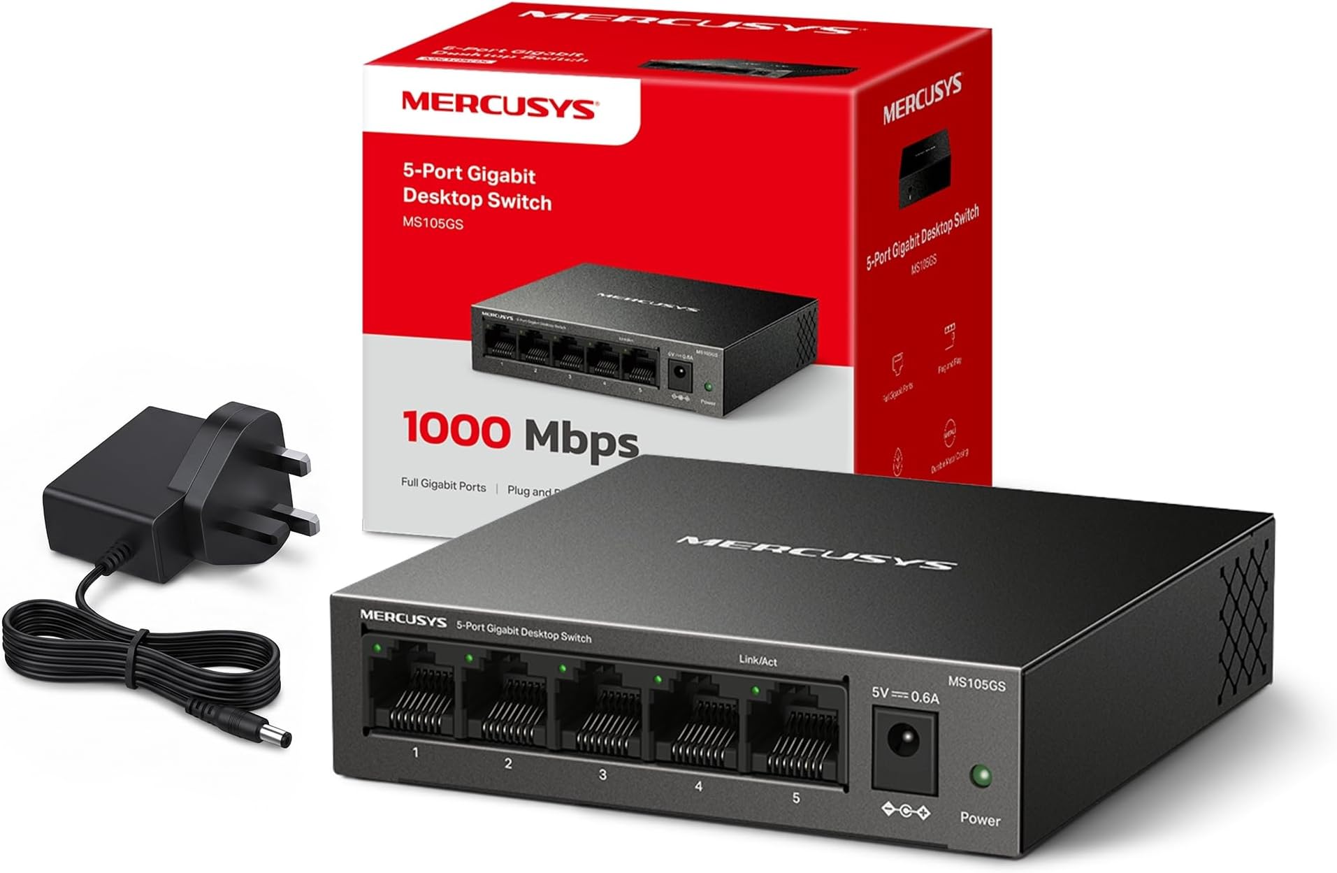 MS105GS 5 Port Gigabit Network Switch, Ethernet Switch, Metal Case, Gigabit Switch, Ethernet Splitter, Desktop or Wall Mount, TP-Link Silent Operation, Power Saving, Plug & Play