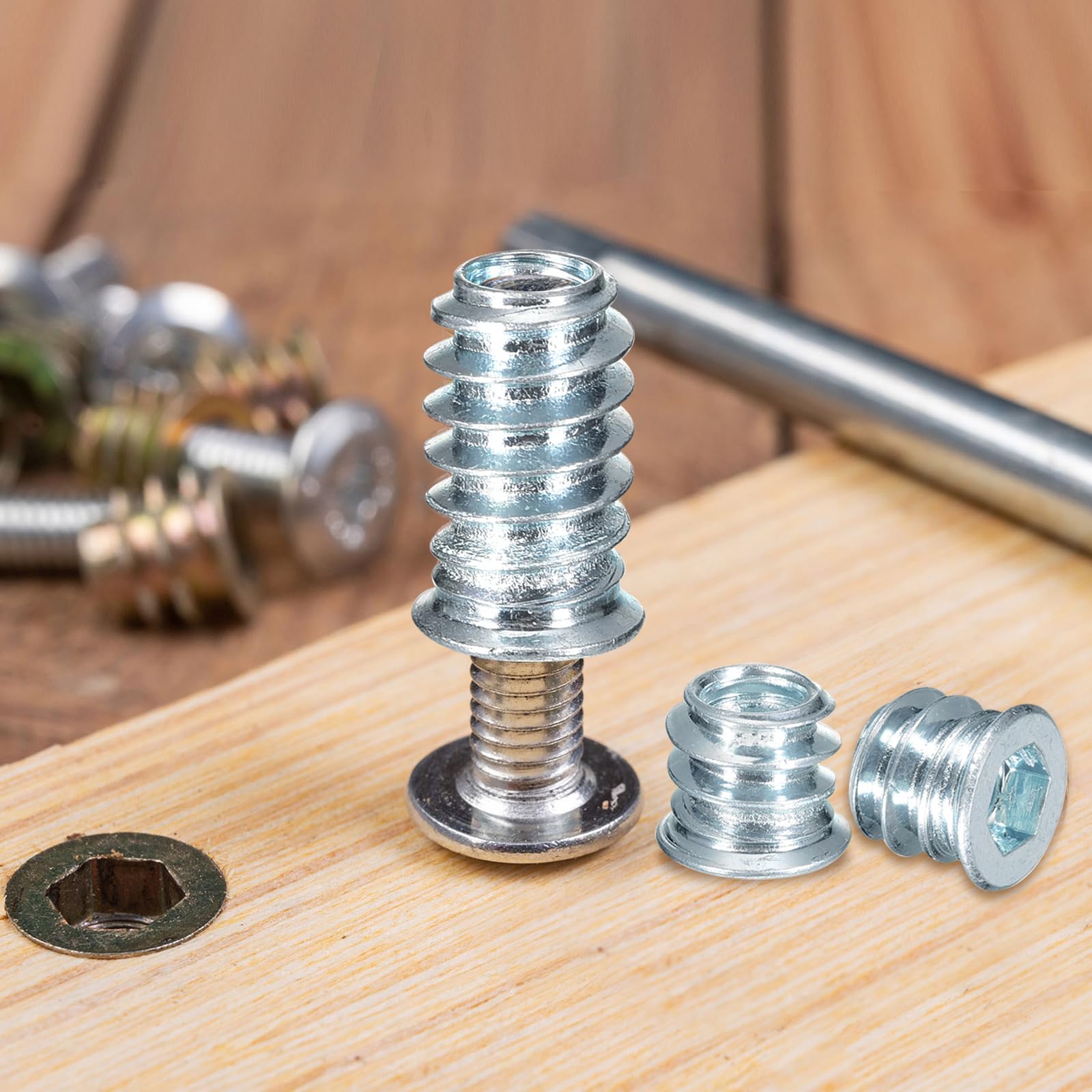 PGMJ 80 Pezzi 1/4"-20 Inserti In Legno Bulloni Per Mobili A Vite In Dado Filettato Di Fissaggio A Bussola Esagonale Per Mobili In Legno Assortimento (1/4"-20 X15mm - Foto 8