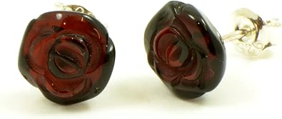 TheNaturalAmber Genuine Baltic Amber Rose Stud Earrings 925 Sterling Silver Handmade Jewelry Natural Gemstone Amber Flower Earrings for Women Polished Rose-Shaped Studs in Multiple Colors