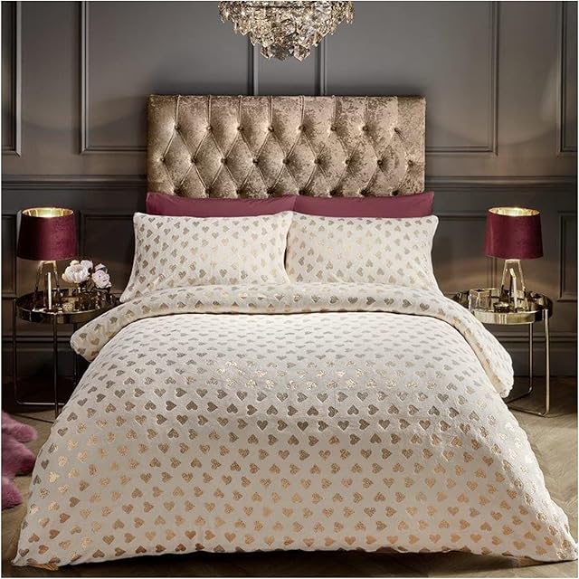 GC GAVENO CAVAILIA Premium Teddy Duvet Set King Size, Heart Shiny Bedding Set, Printed Polyester Fabric Fleece Quilt Covers, Cream