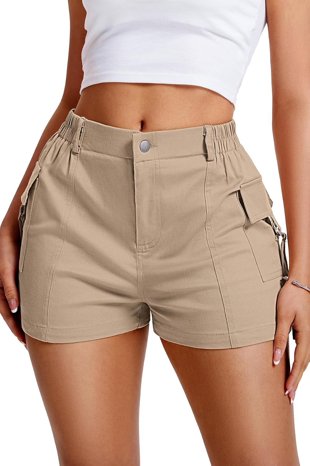 ELLEVEN High-Stretch Women’s Cargo Shorts, Y2K Mini, High Waisted, Slim-Fitted Cut Off Shorts with Pockets
