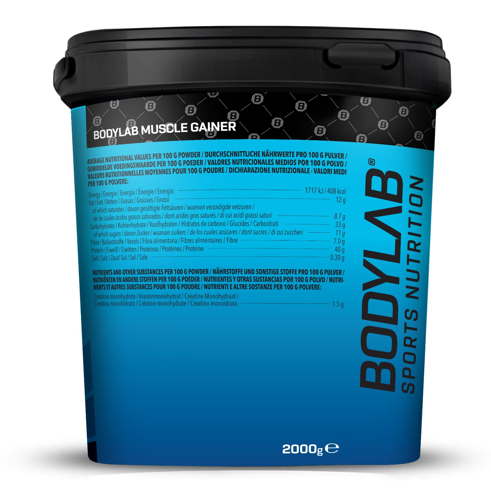 Bodylab24 Pure Muscle Gainer Cookies & Cream 2kg, je 100g 33g natürliche Kohlenhydrate, 40g Protein und 12g Fett, angereichert mit Kreatinmonohydrat, perfekter Weight Gainer Shake für den Masseaufbau